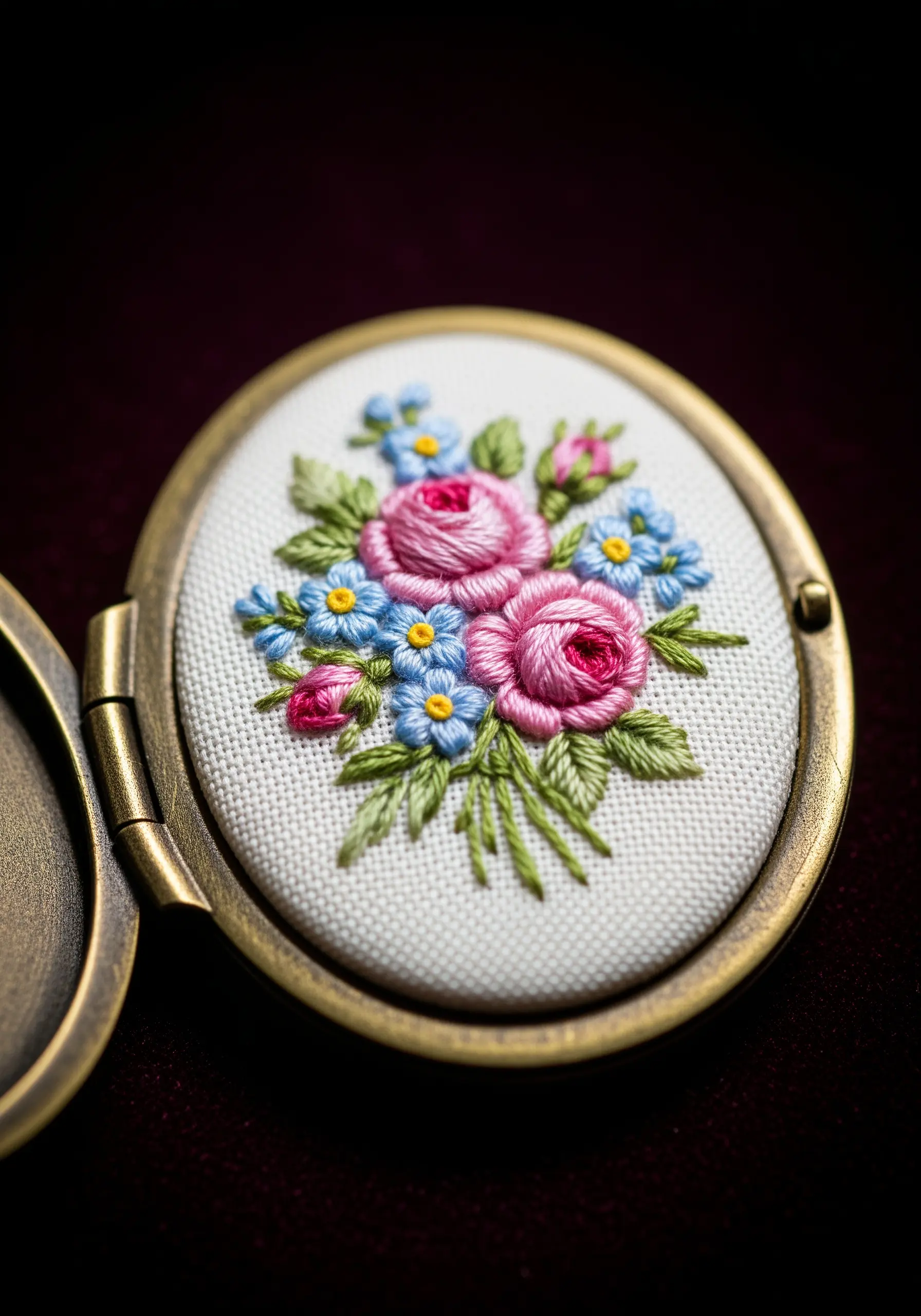 An antique-style locket opened to reveal a miniature embroidered floral bouquet inside.