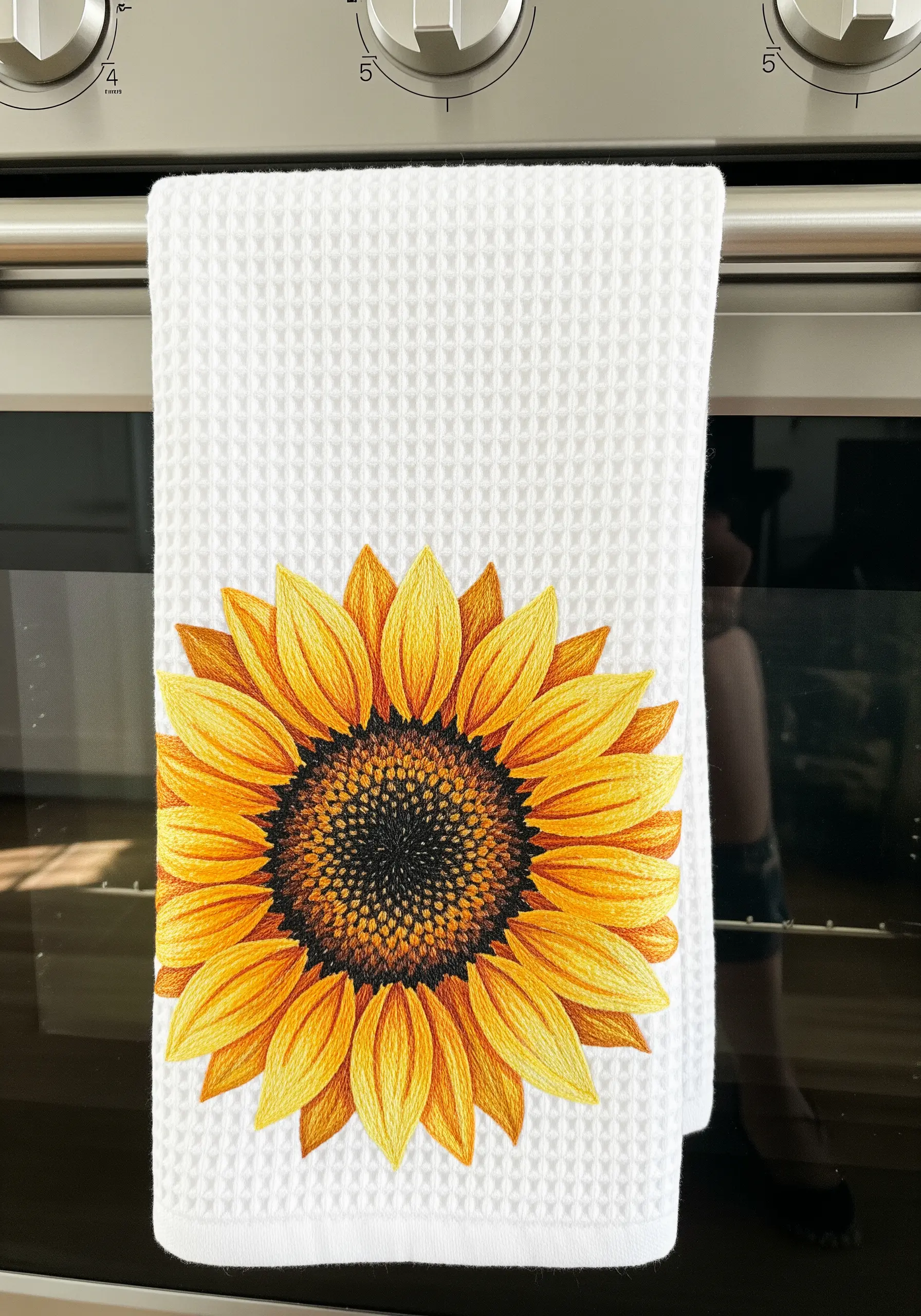 Photorealistic sunflower embroidery with detailed thread blending on a white waffle-weave towel