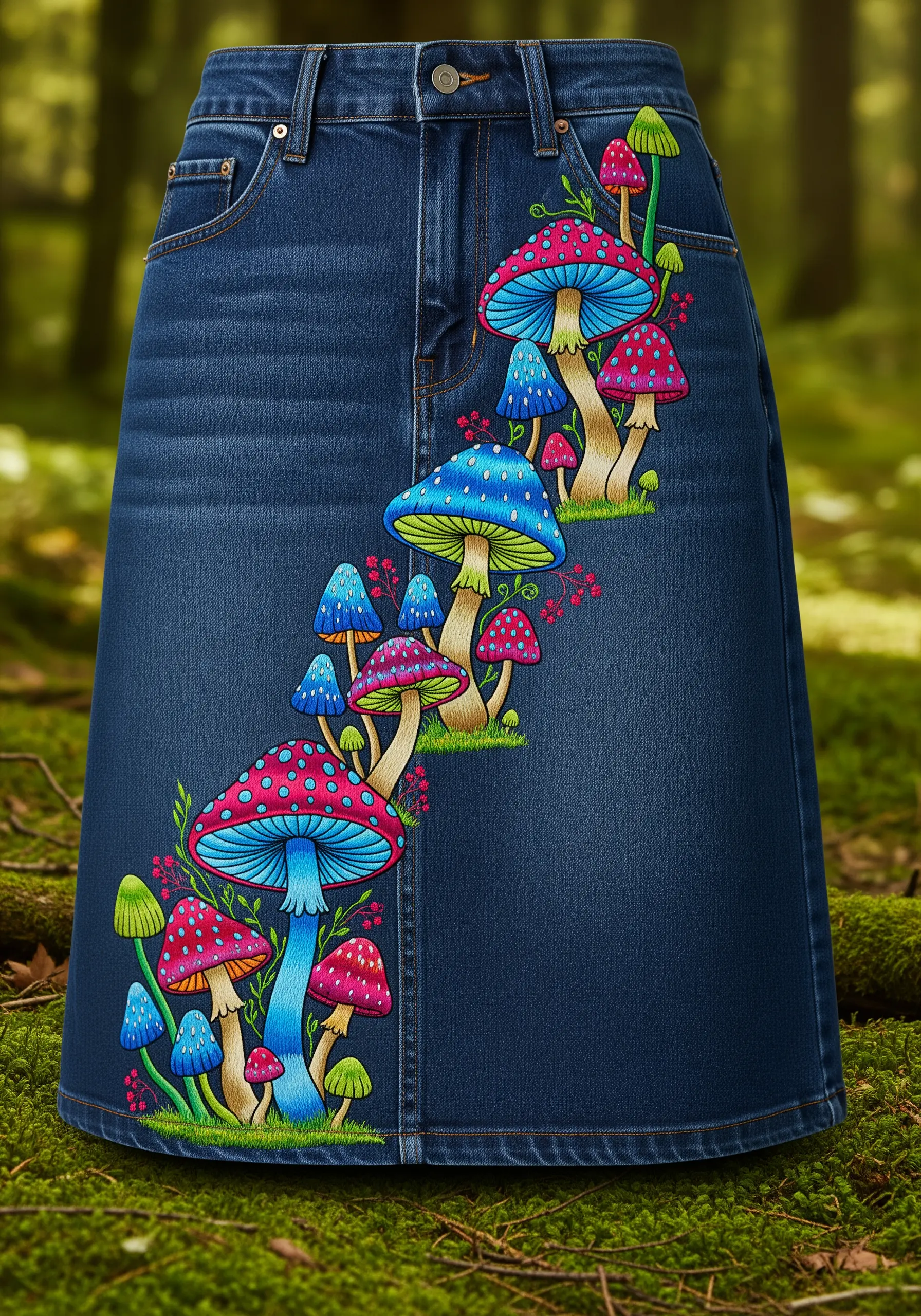 A cascade of colorful, psychedelic mushrooms embroidered down the side of a denim skirt.