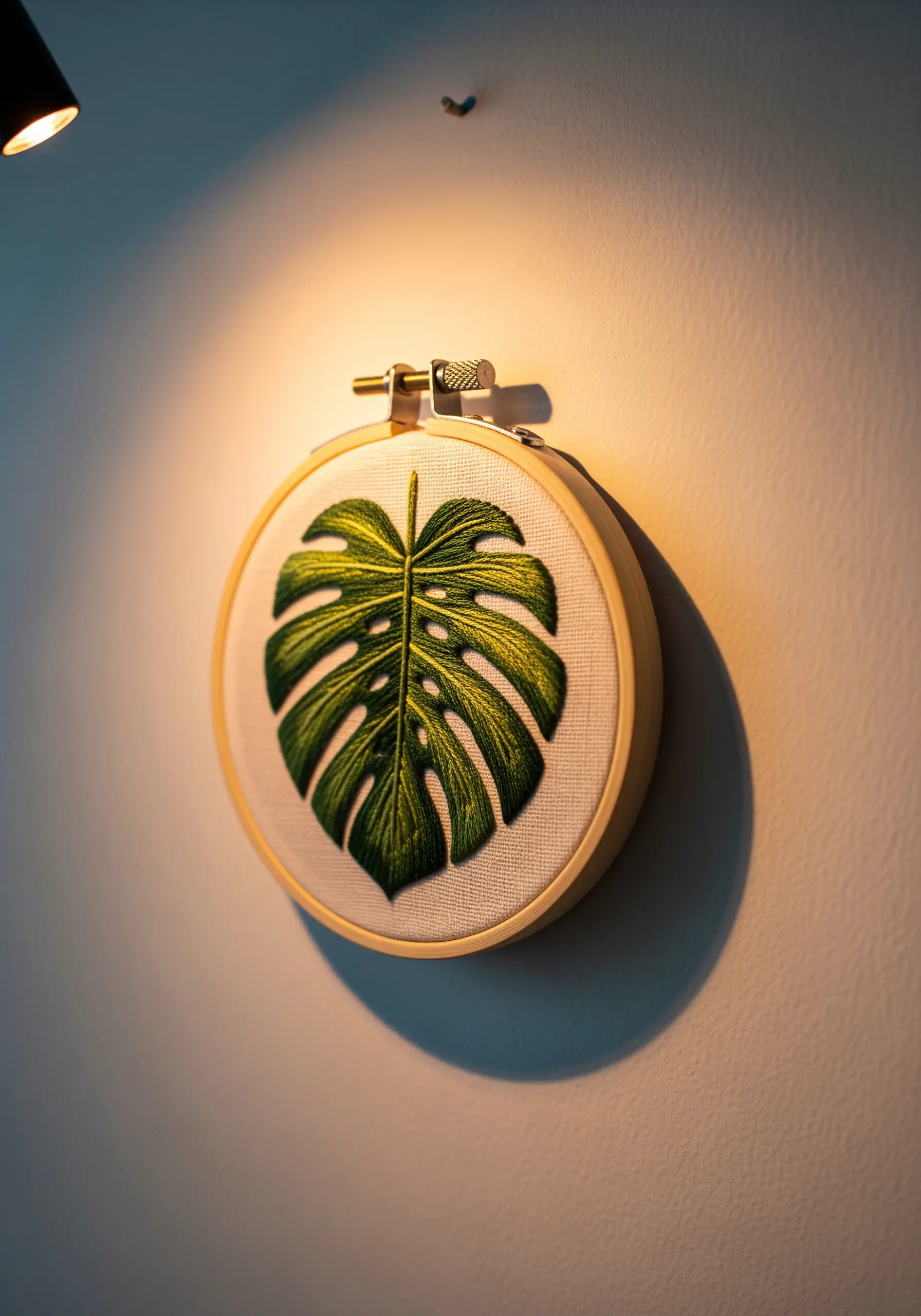Realistically embroidered Monstera leaf in a hoop, showcasing color blending.