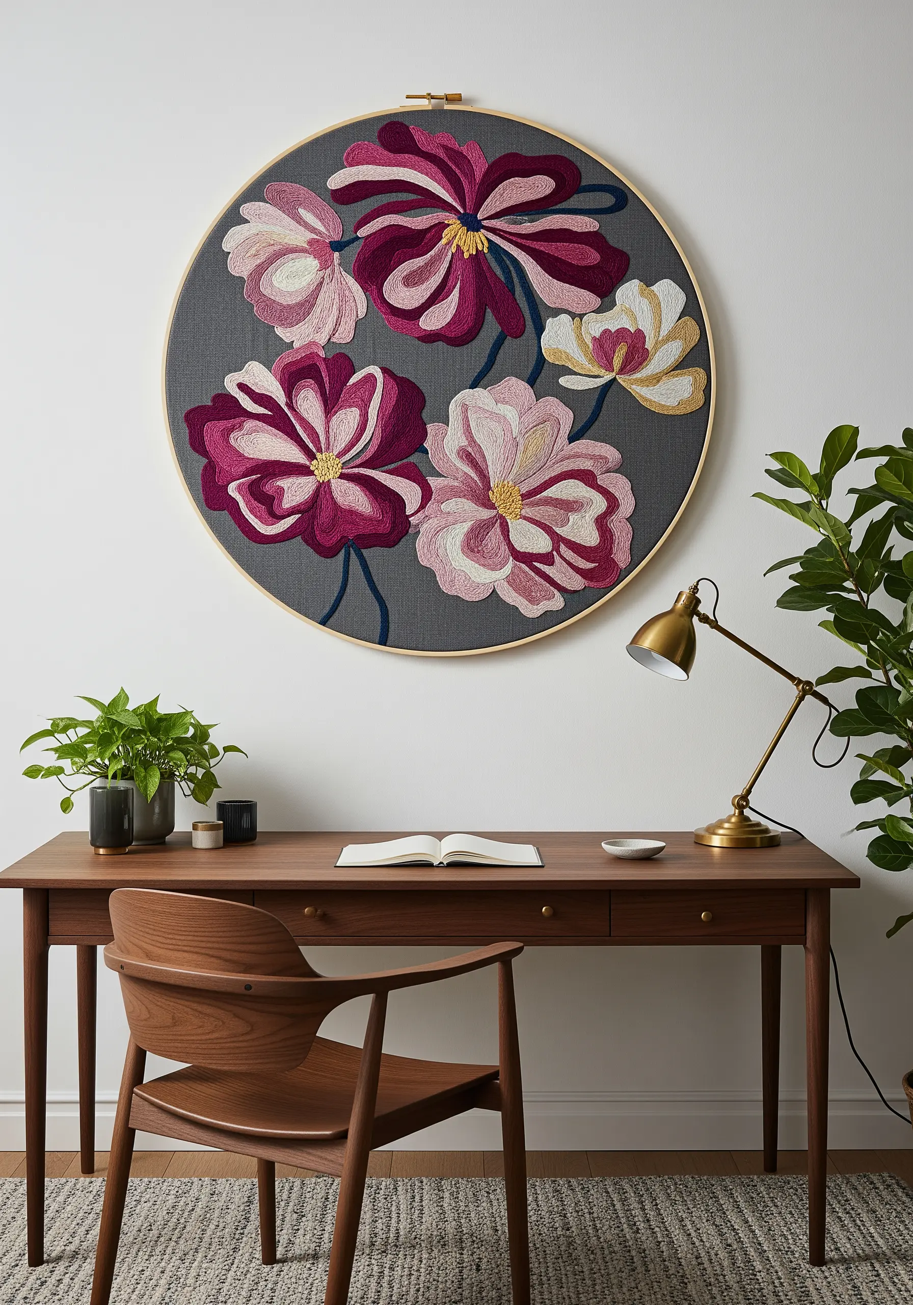 Large-scale floral embroidery with bold color blocking on dark gray fabric