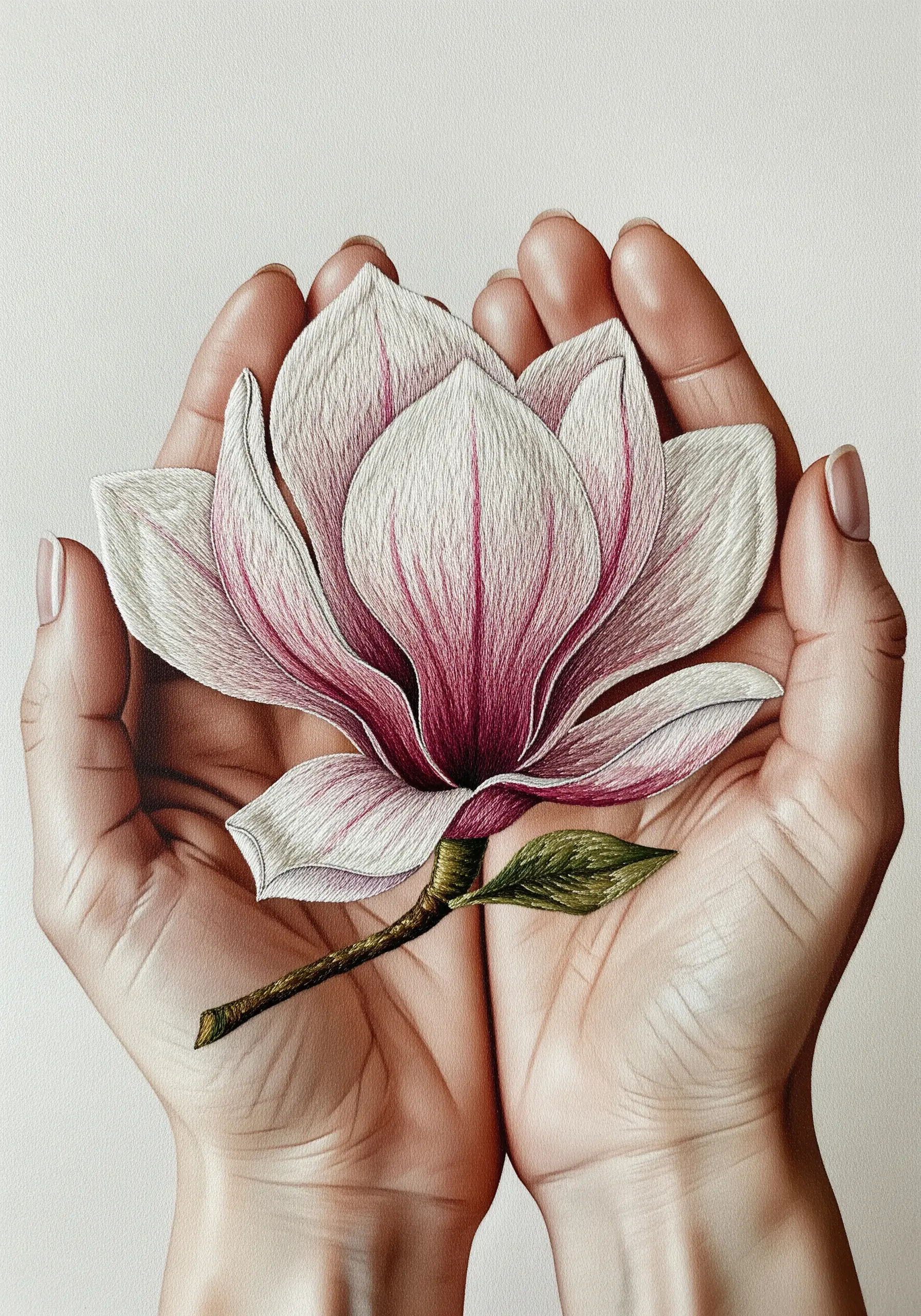 Hyper-realistic magnolia with pink and white gradient petals held in a pair of hands.