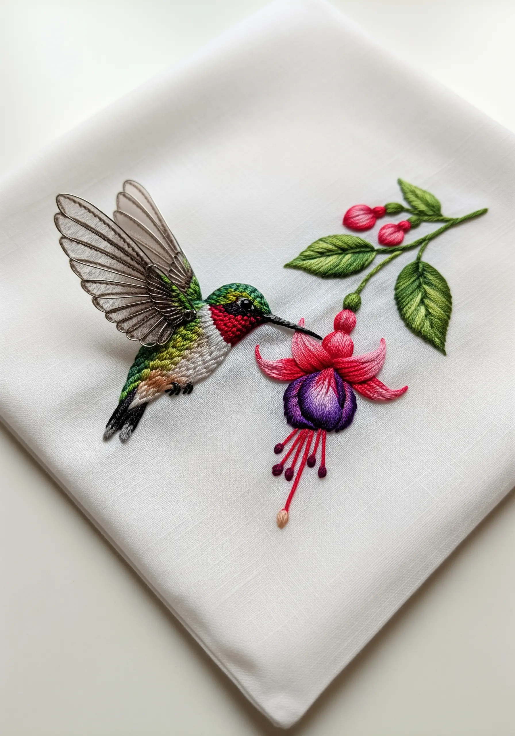 A hummingbird with detached wings next to a fully 3D embroidered fuchsia flower.