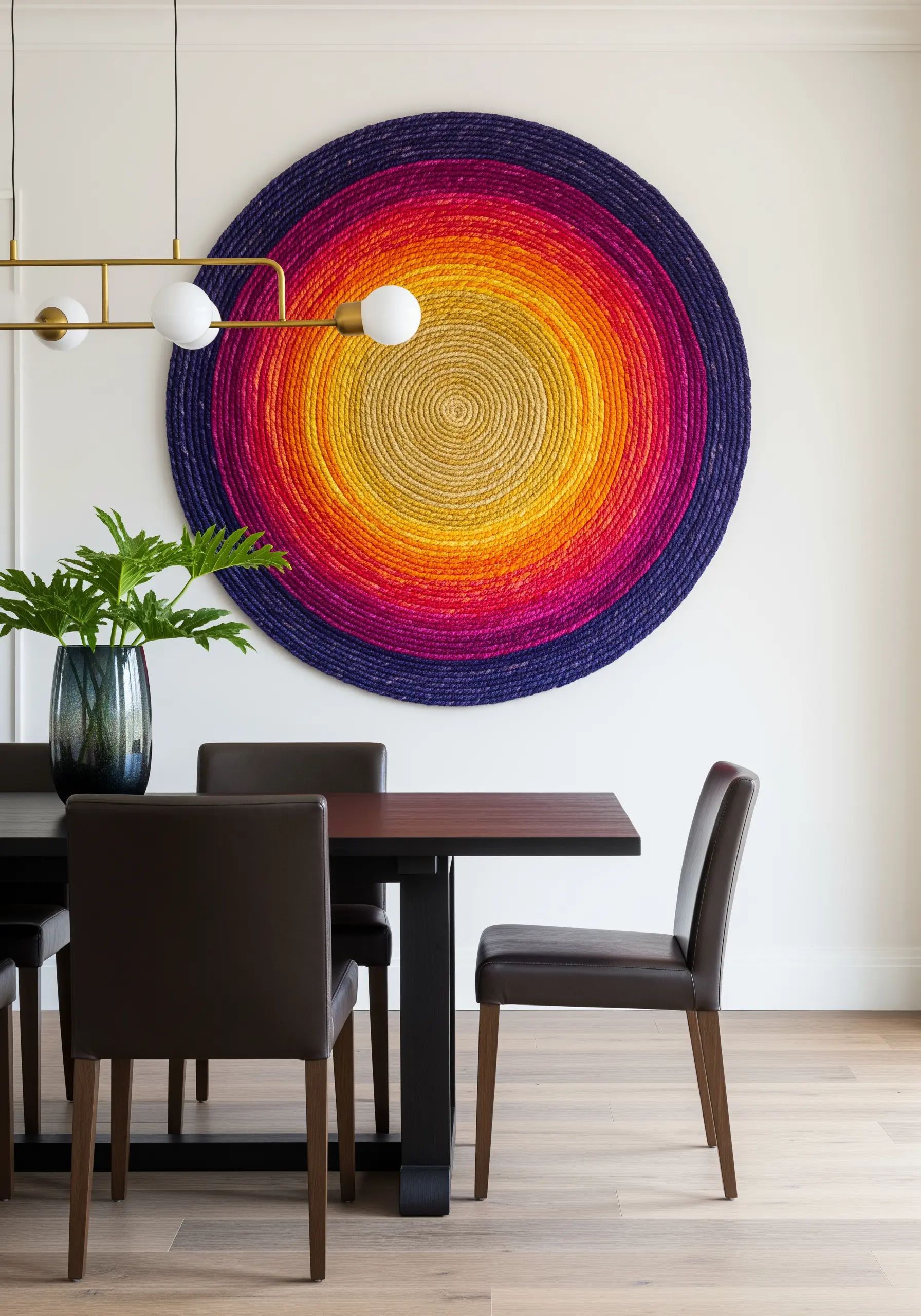 A large, circular wall art piece made of coiled rope with a vibrant rainbow color gradient.