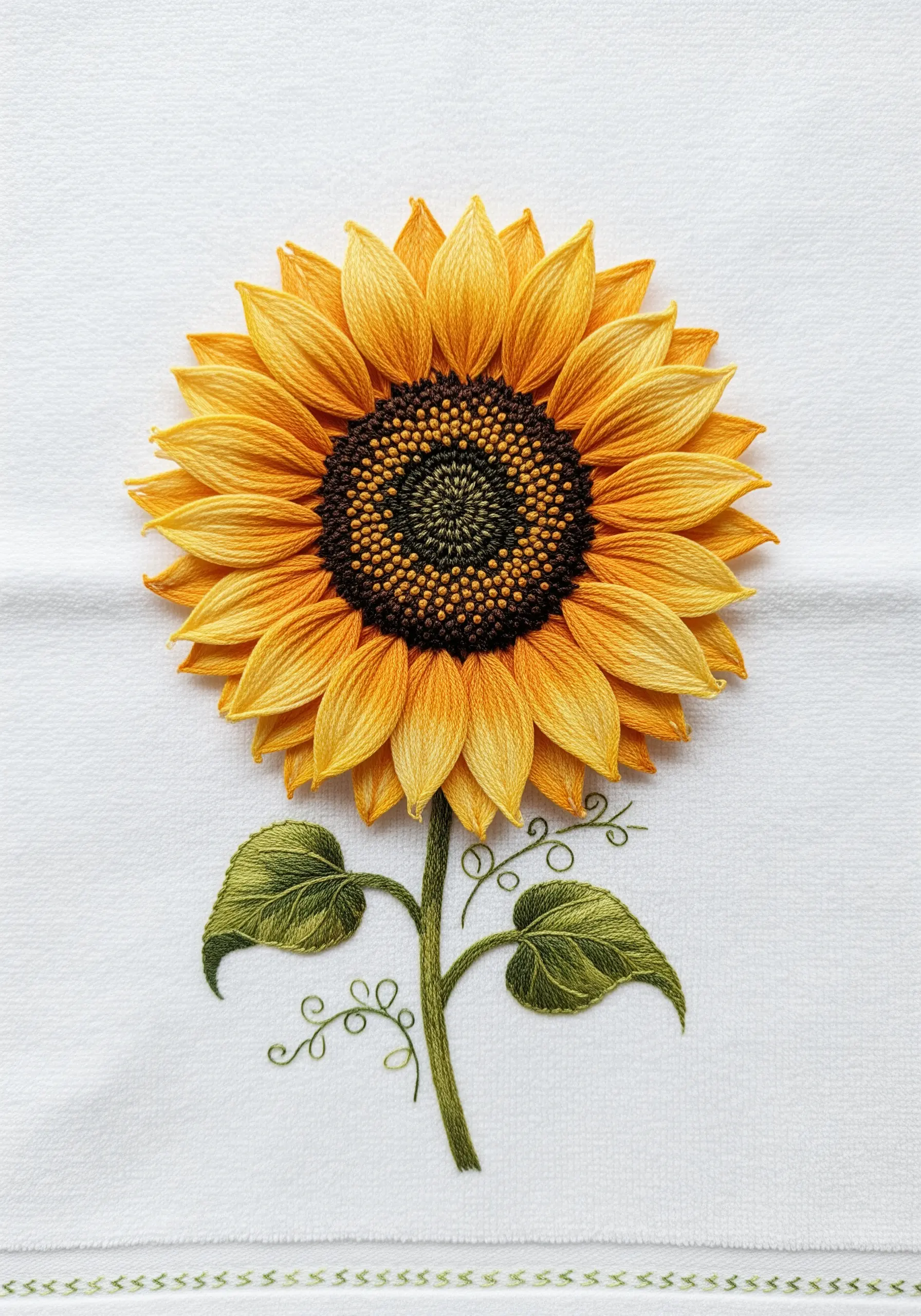 A highly realistic, 3D sunflower made with stumpwork technique, featuring wired, layered petals