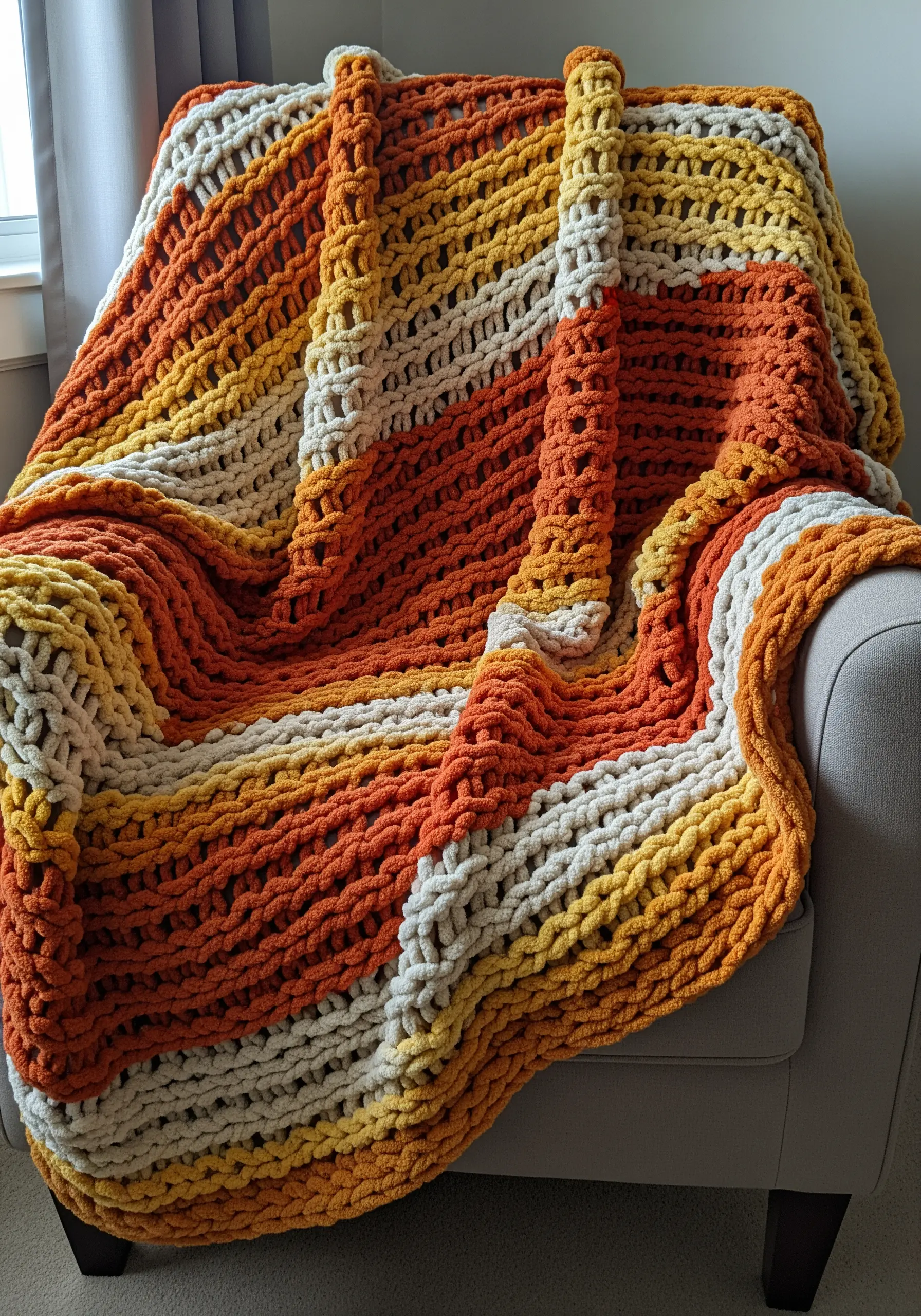 A chunky, hand-knit blanket with orange, yellow, and cream stripes draped over a chair.