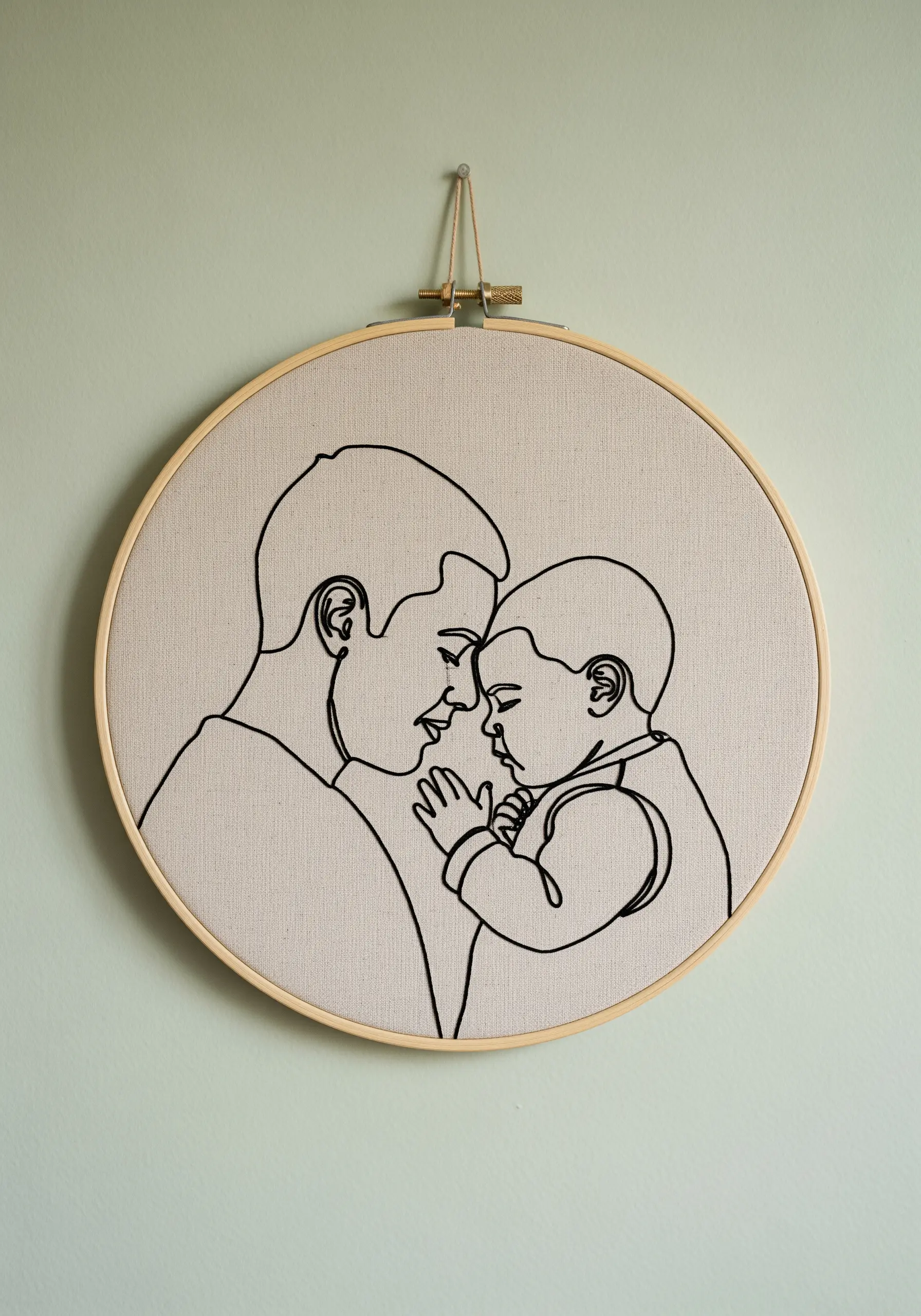 Minimalist line art embroidery of a father and baby in a wooden hoop against a pale green wall.