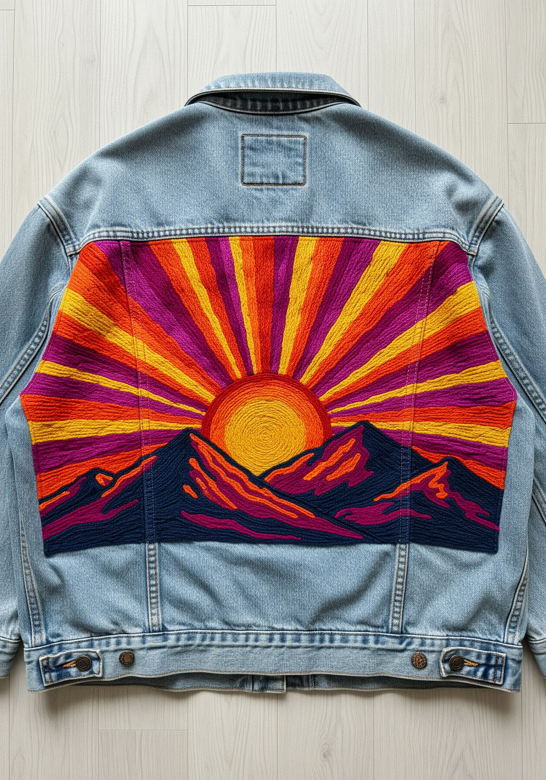 Embroidered sunset with radiating satin stitches in orange, pink, and purple on a denim jacket back.