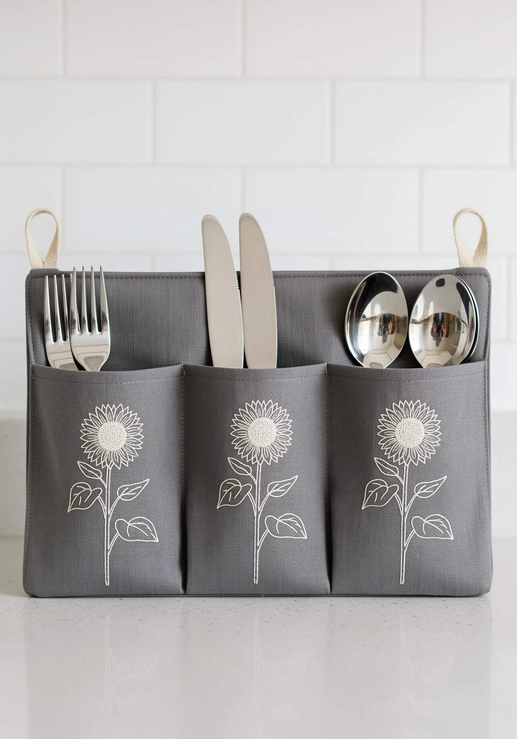 Grey utensil caddy with pockets featuring minimalist white-thread sunflower embroidery.