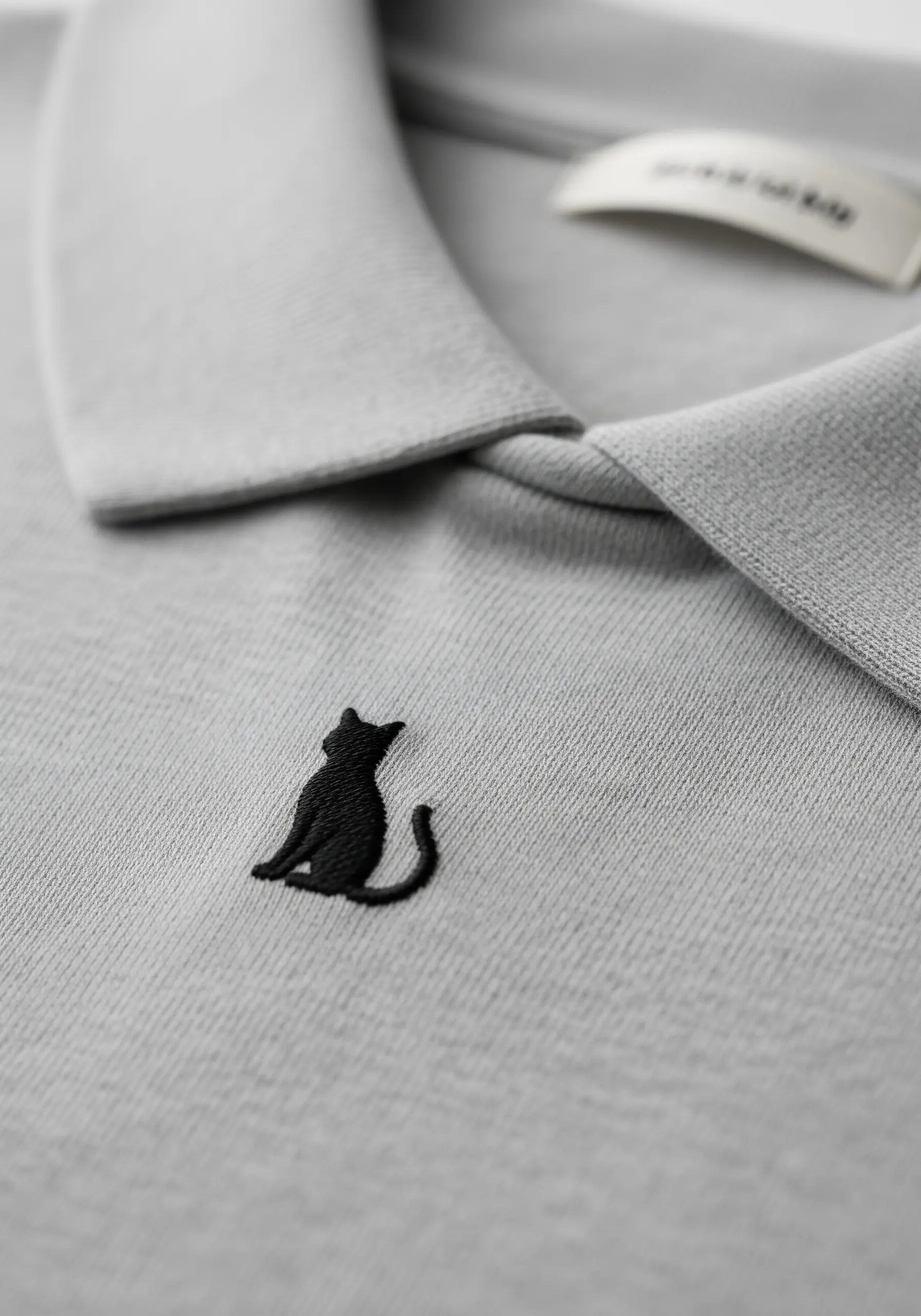 A tiny, solid black cat silhouette embroidered on the collar of a gray polo shirt.