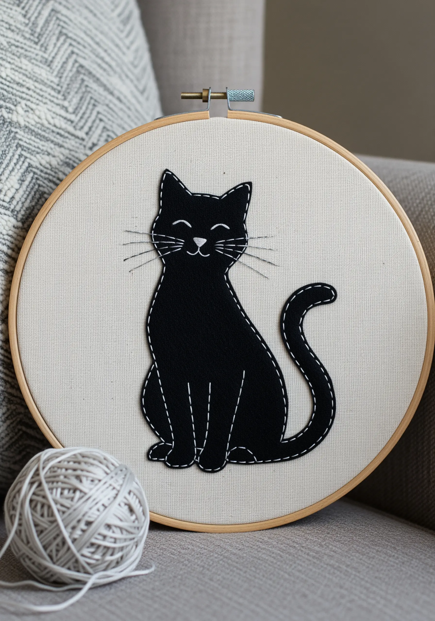 A black felt cat silhouette appliquéd onto off-white fabric with a white running stitch.