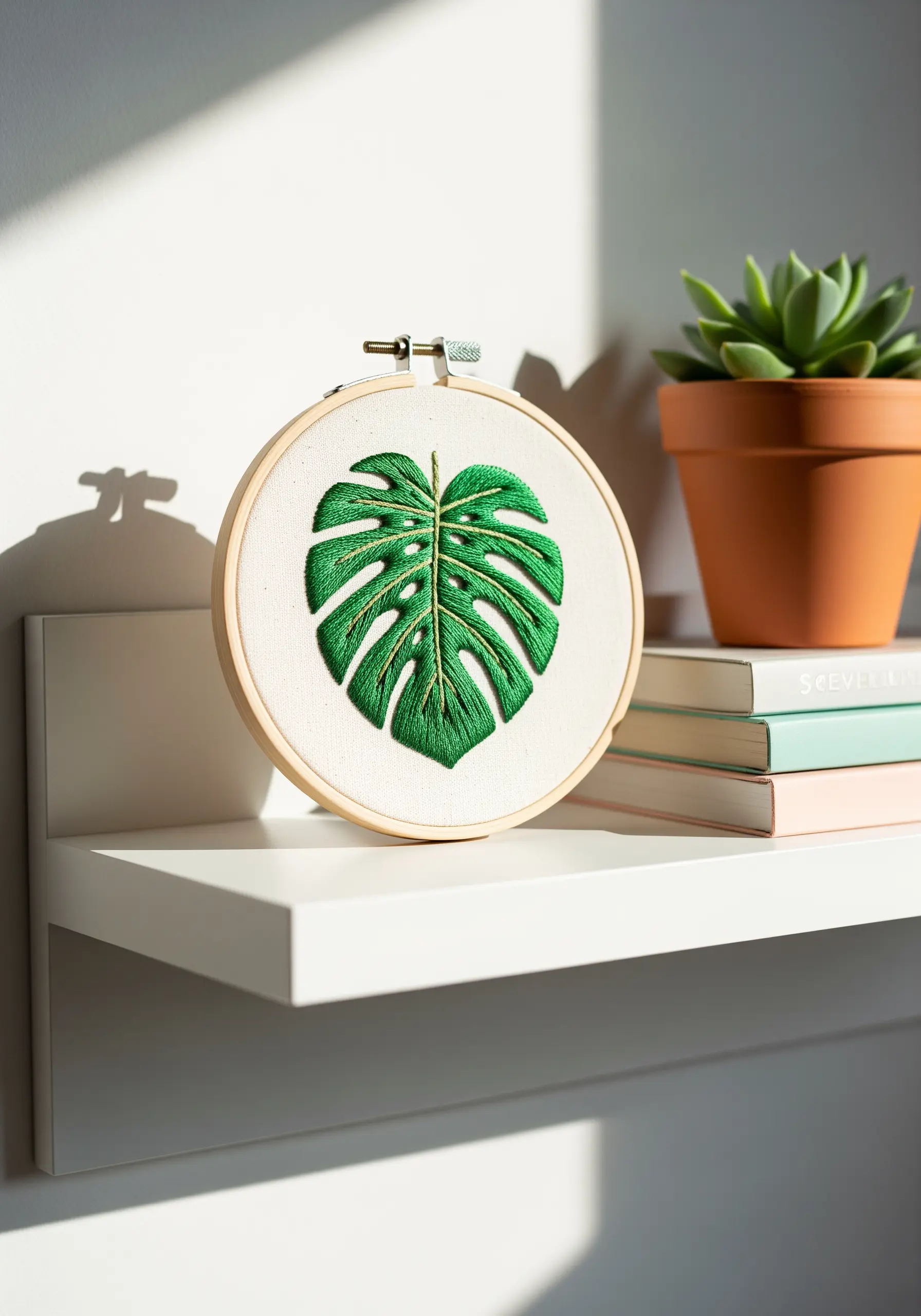 Satin-stitched monstera leaf with green thread gradients in an embroidery hoop.