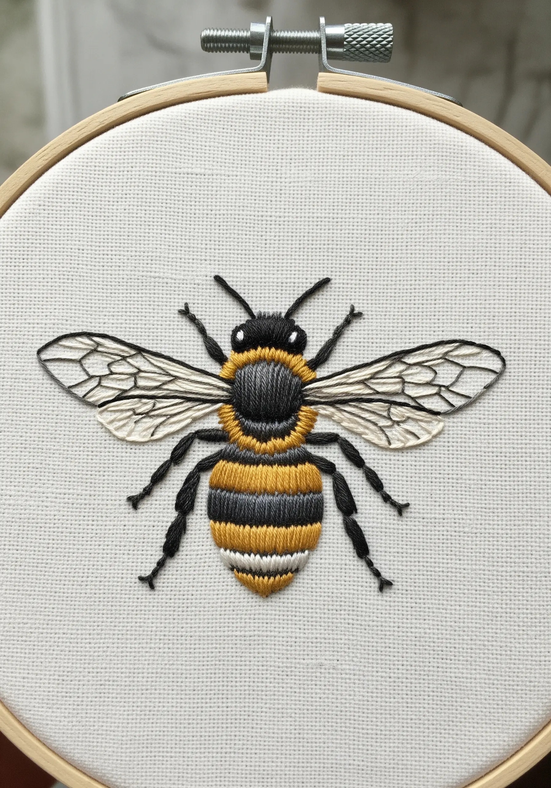Realistic bee embroidery with blended thread painting for the body and delicate wing details.