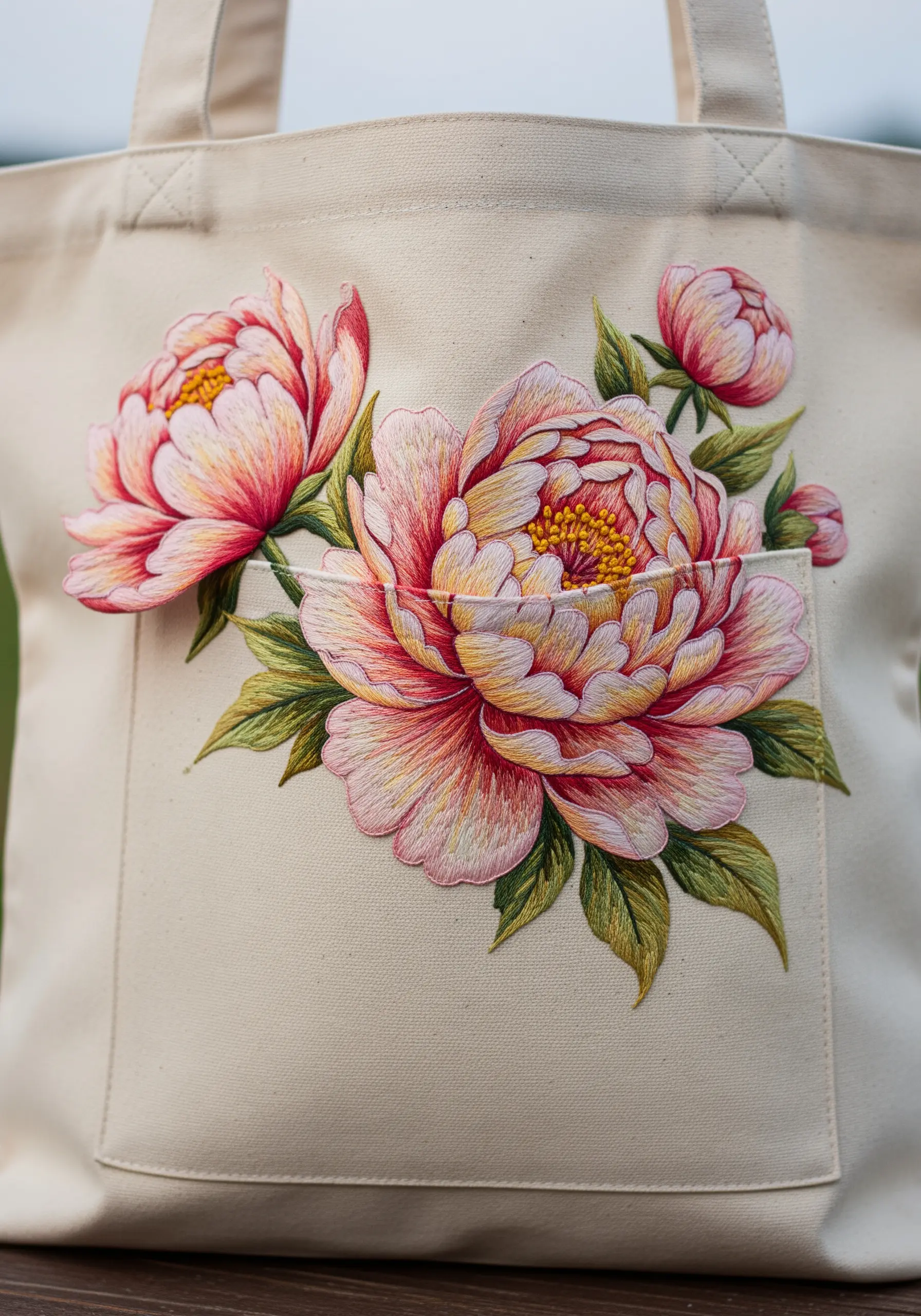 Hyper-realistic, thread-painted pink peonies spilling out of a tote bag pocket