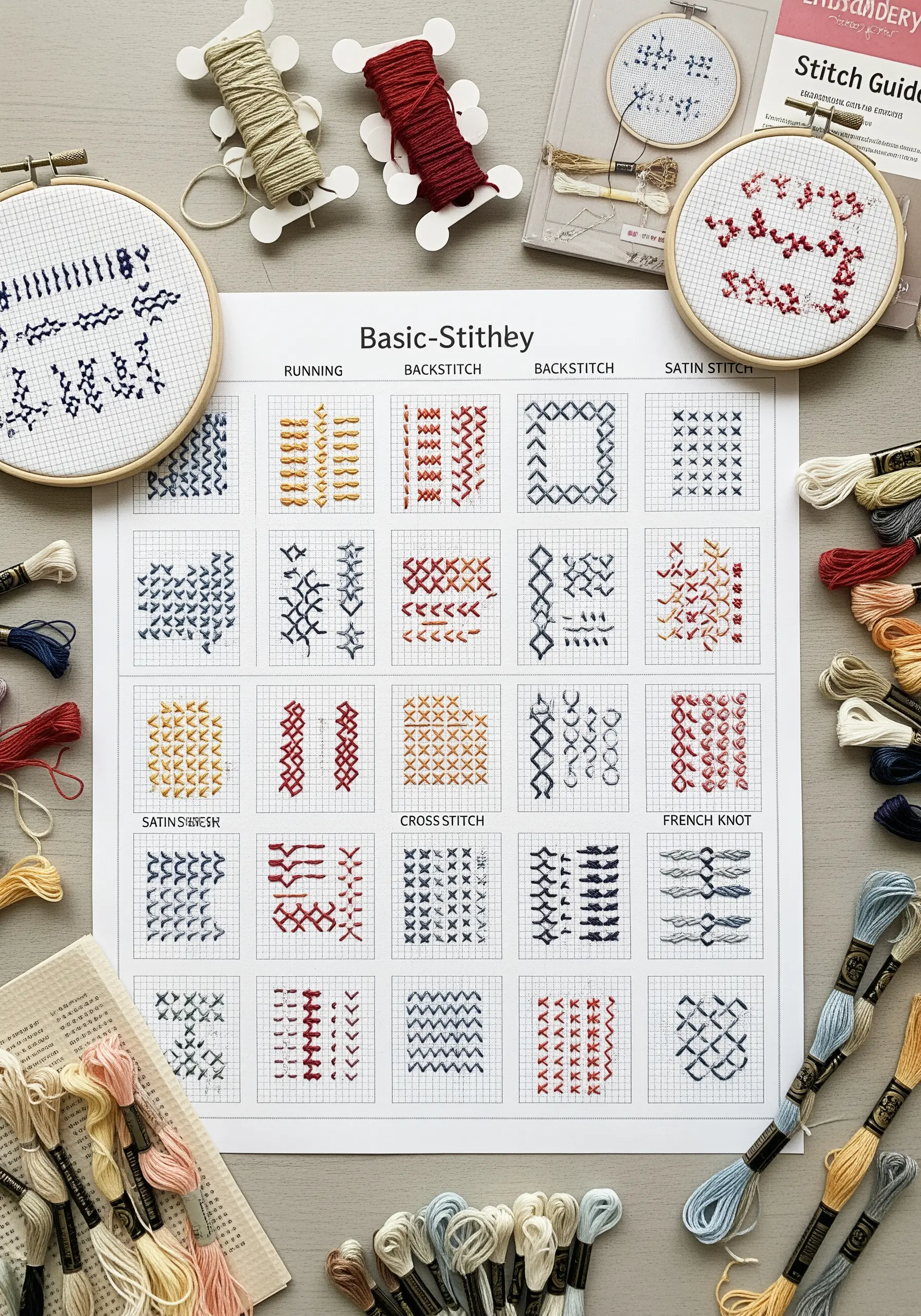 An embroidery stitch guide printed on gridded paper, with various stitches practiced in each square.