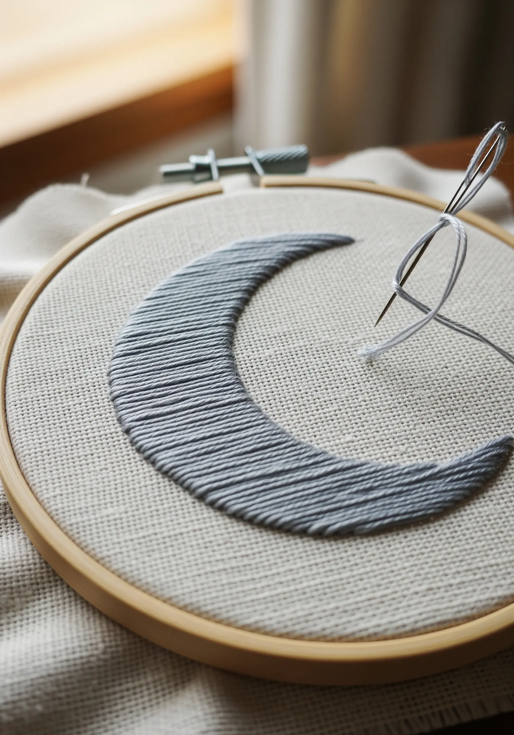 A satin-stitched crescent moon in grey thread on fabric in a hoop.