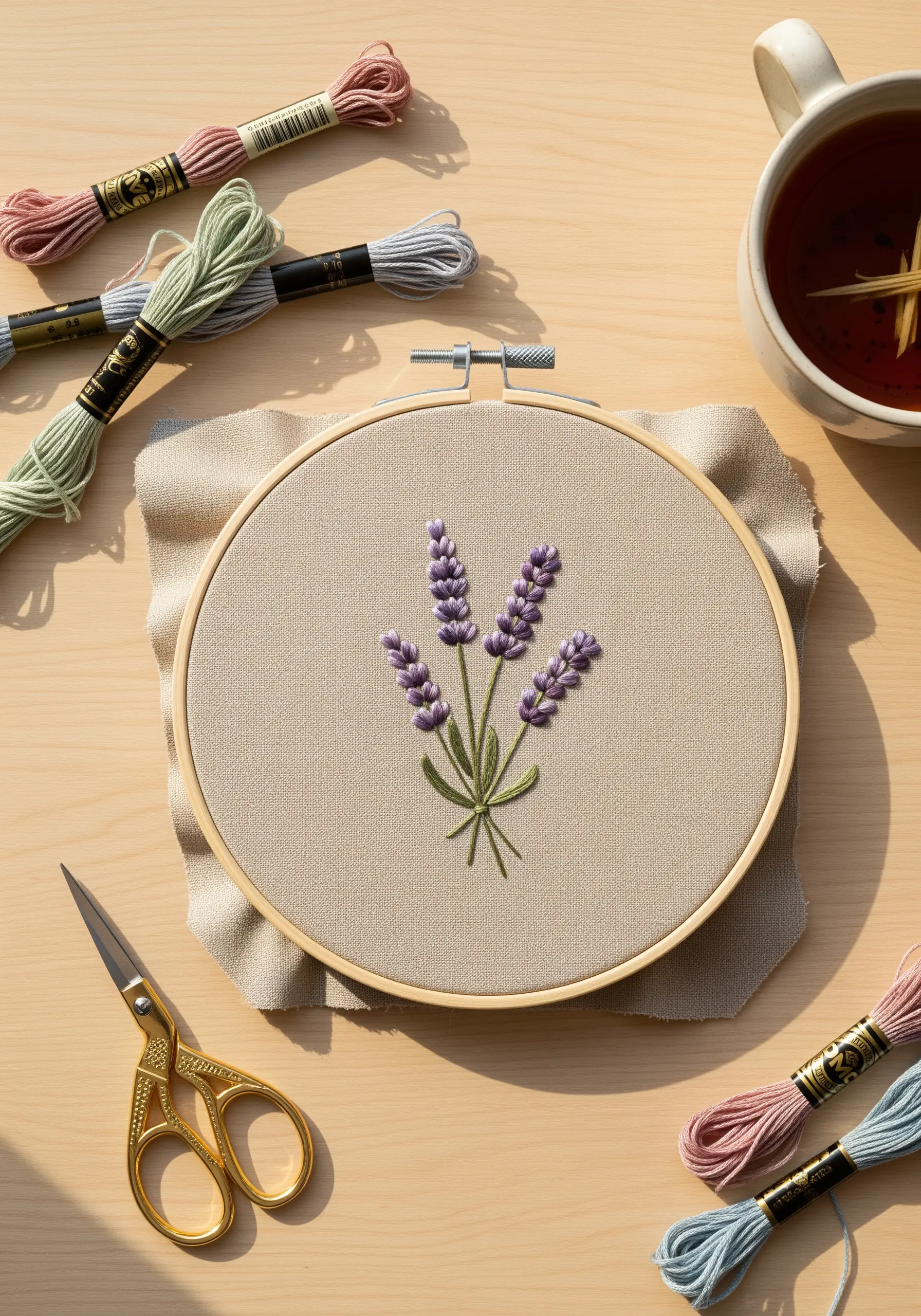 Embroidered lavender with textured purple French knots and green stems on beige fabric.
