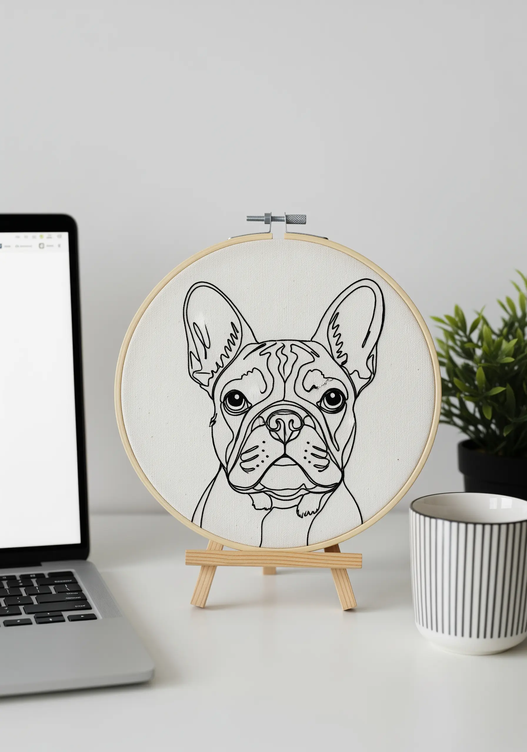Detailed line art embroidery of a French Bulldog's face on a mini easel.