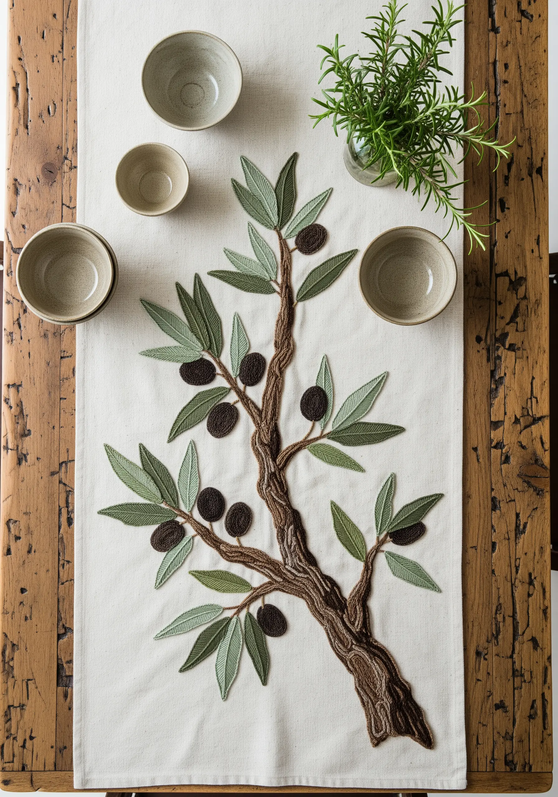 Embroidered olive branch with textured bark created using directional stitching.
