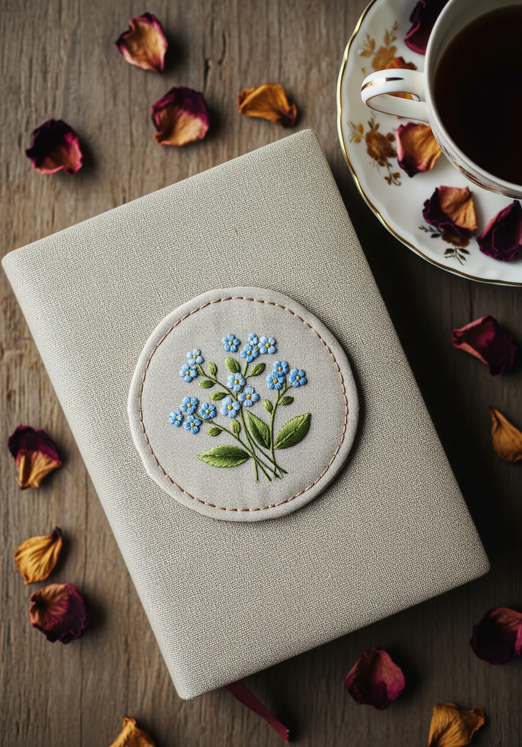 Embroidered forget-me-not patch with tiny blue flowers on a textured journal cover.