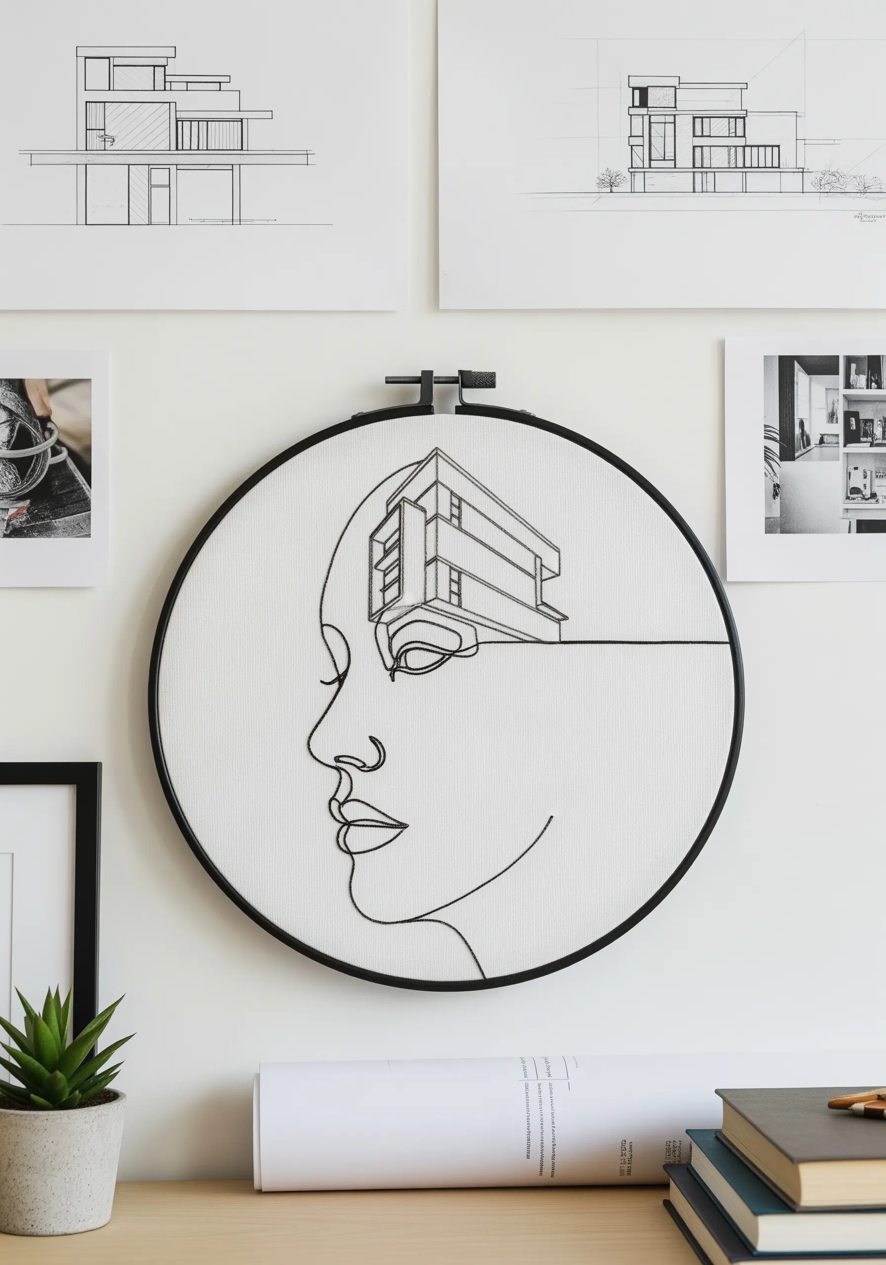 A line art profile with a modern architectural drawing emerging from the forehead, symbolizing thought.