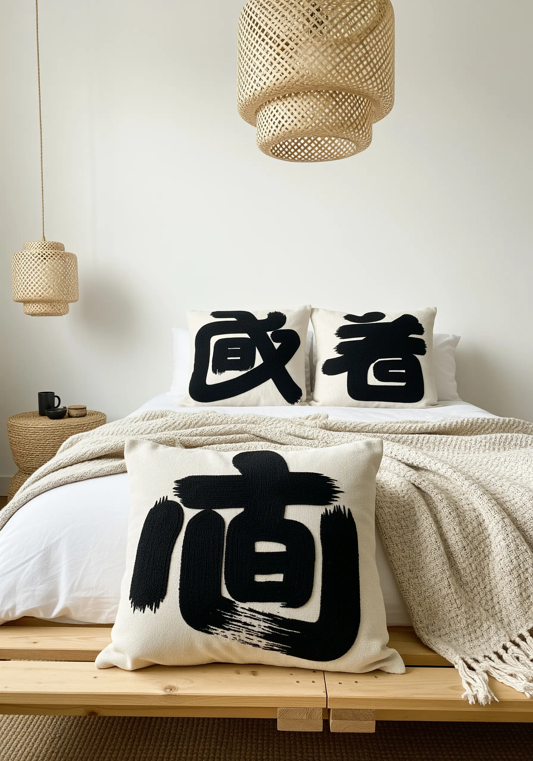 Bold, black calligraphic characters embroidered on neutral linen accent pillows.