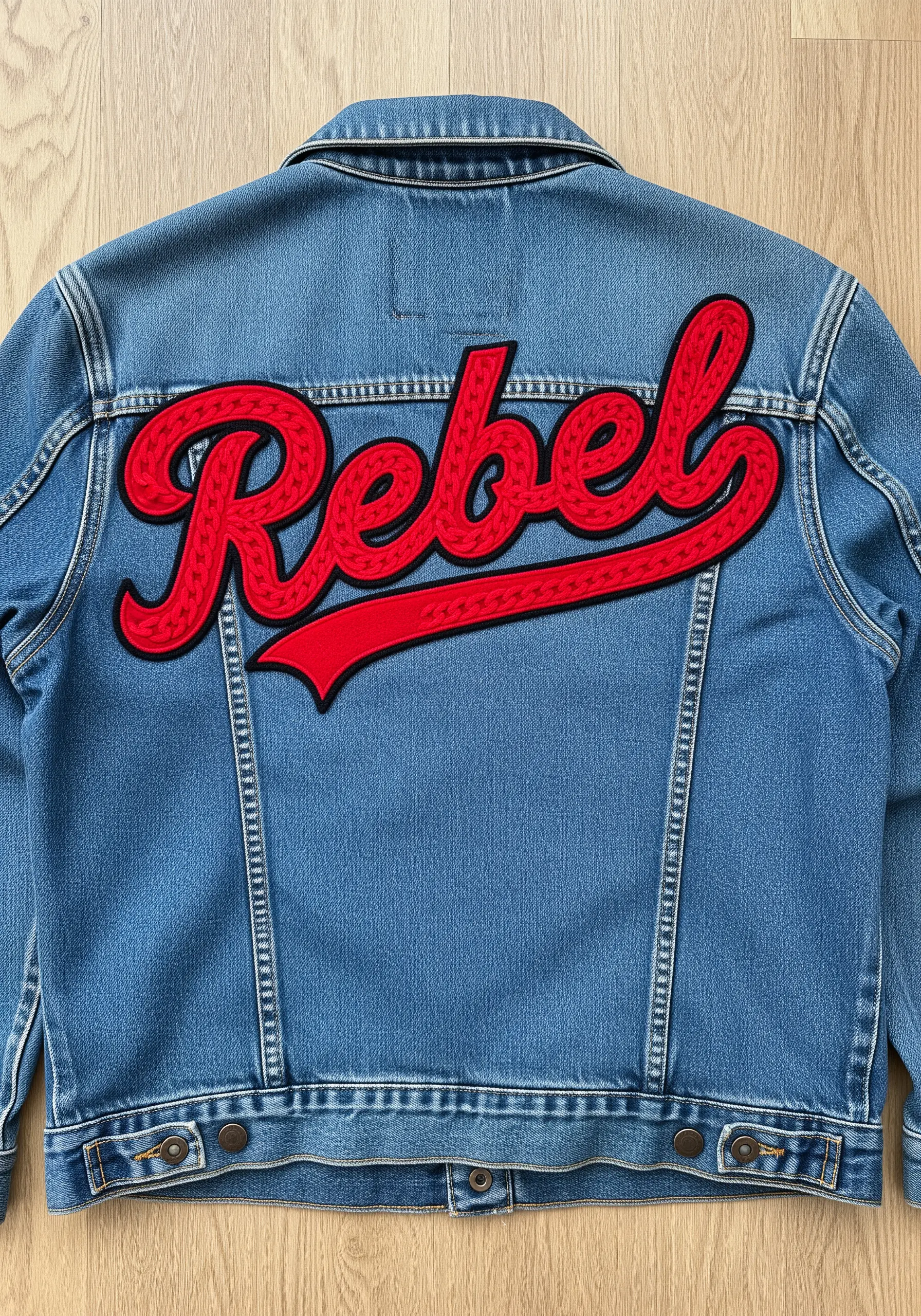 The word 'Rebel' in red script with a high-texture chenille-style fill on a denim jacket.