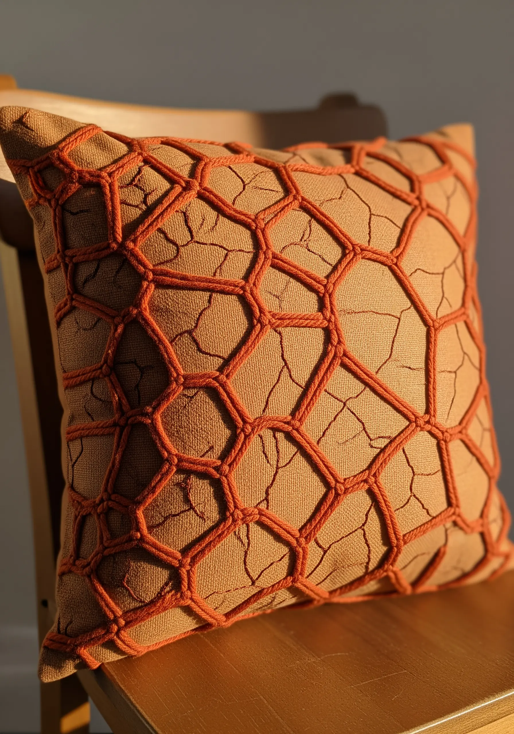 An orange cushion with a raised geometric pattern of couched cord mimicking cracked earth.