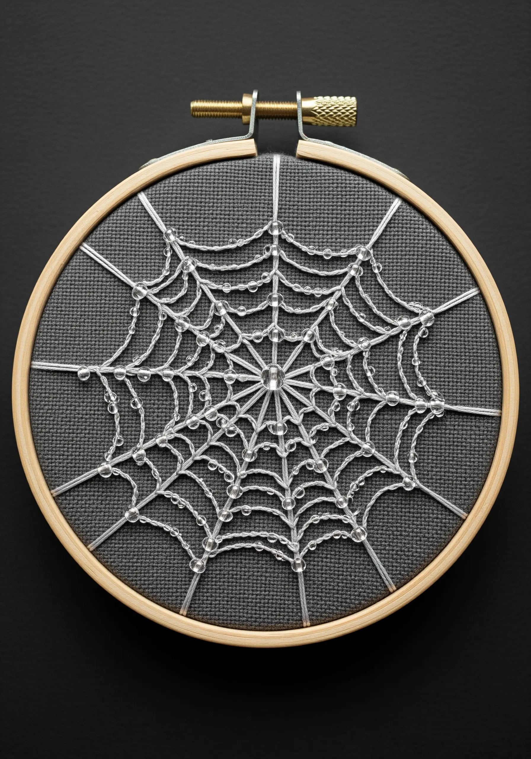 An embroidery of a spiderweb on dark fabric, embellished with clear seed beads to look like dewdrops.