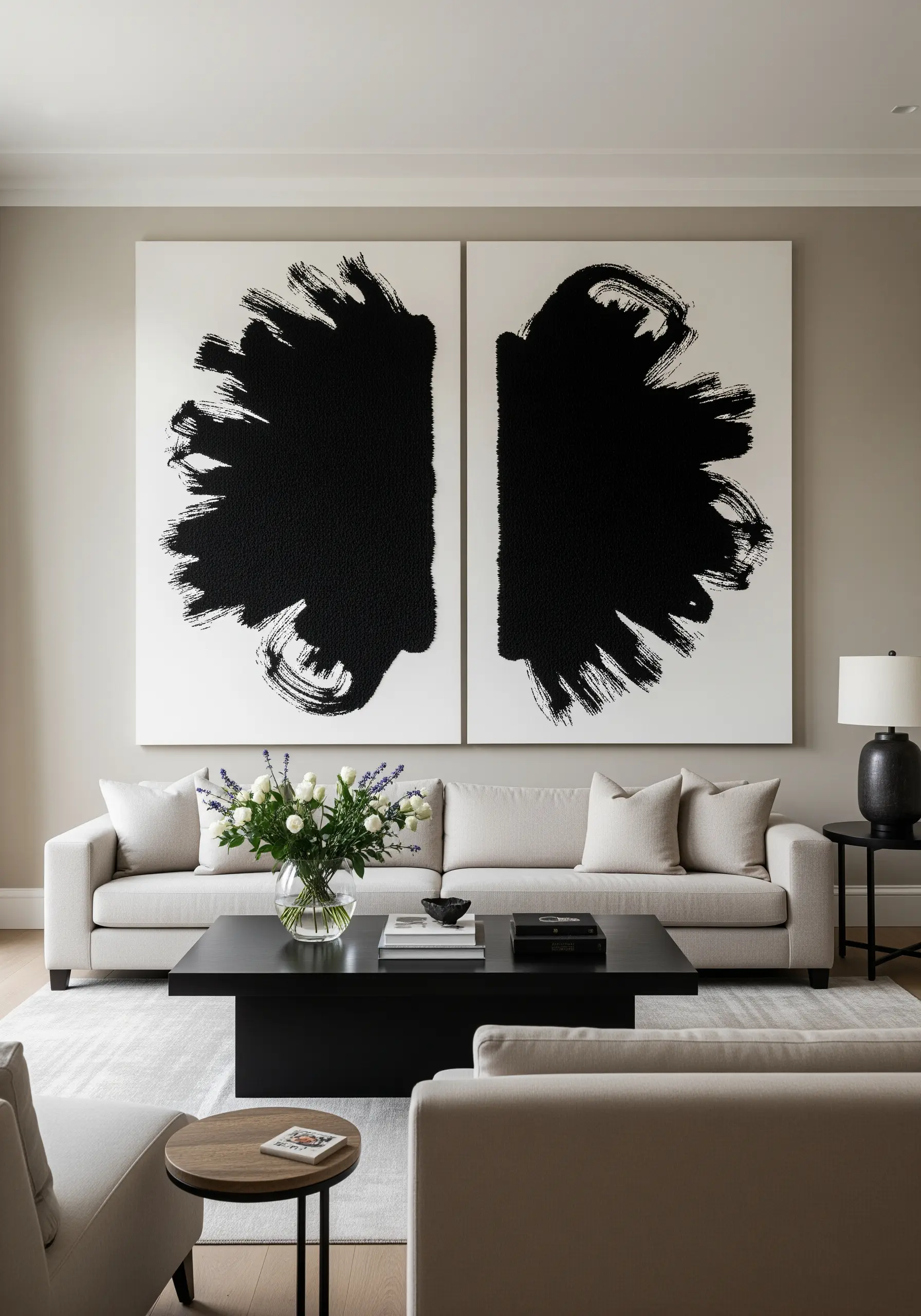A large diptych of two canvases with embroidered black abstract brushstroke shapes.