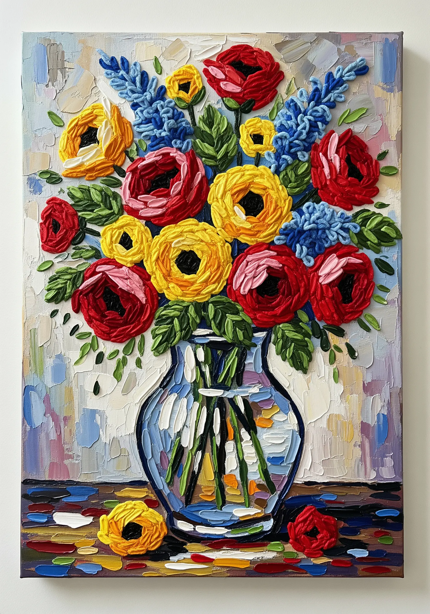 A floral still life on canvas where the flowers and vase are made with thick, paint-like yarn stitches.