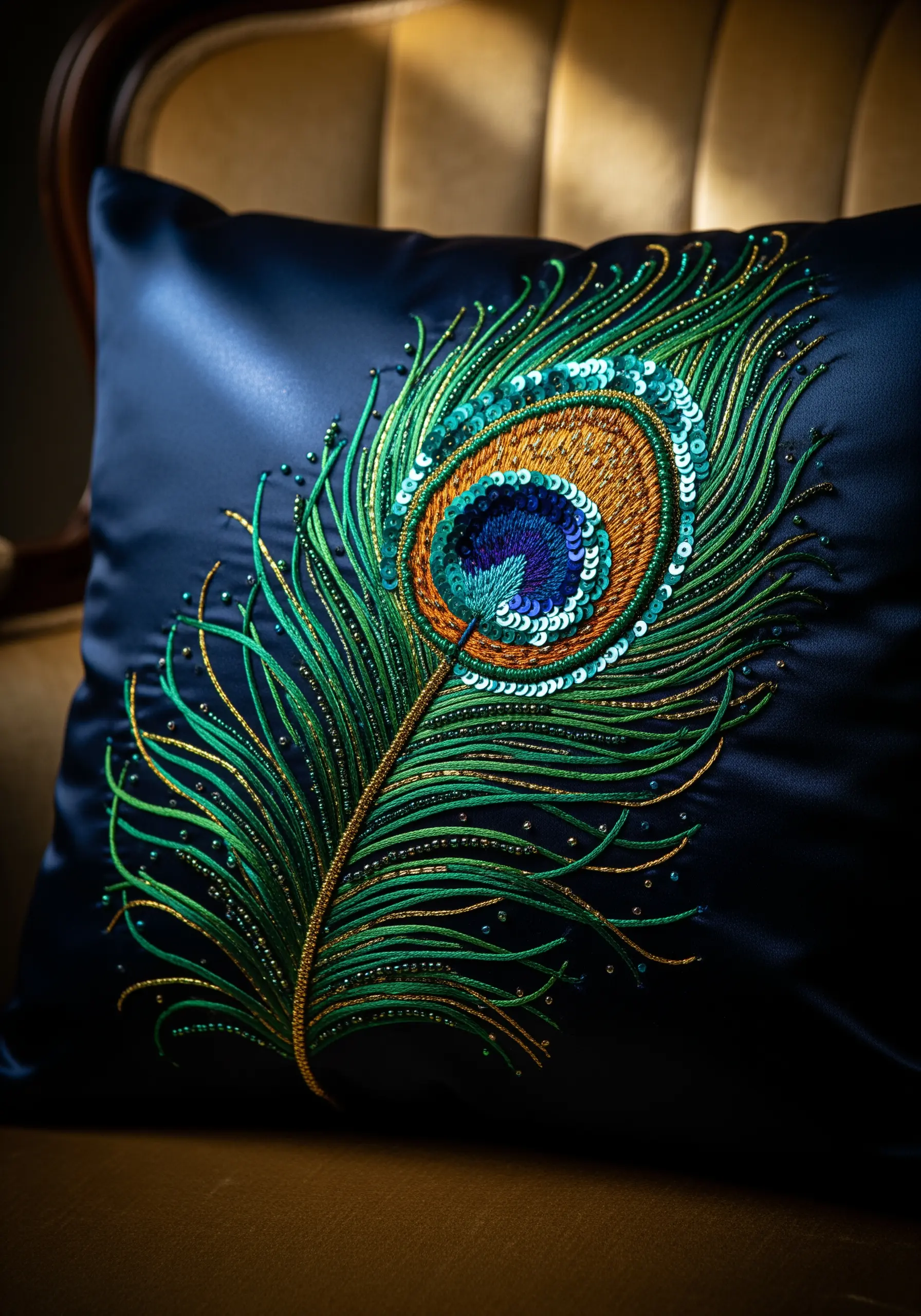 A detailed embroidered peacock feather on a dark satin pillow, embellished with shimmering sequins and beads.