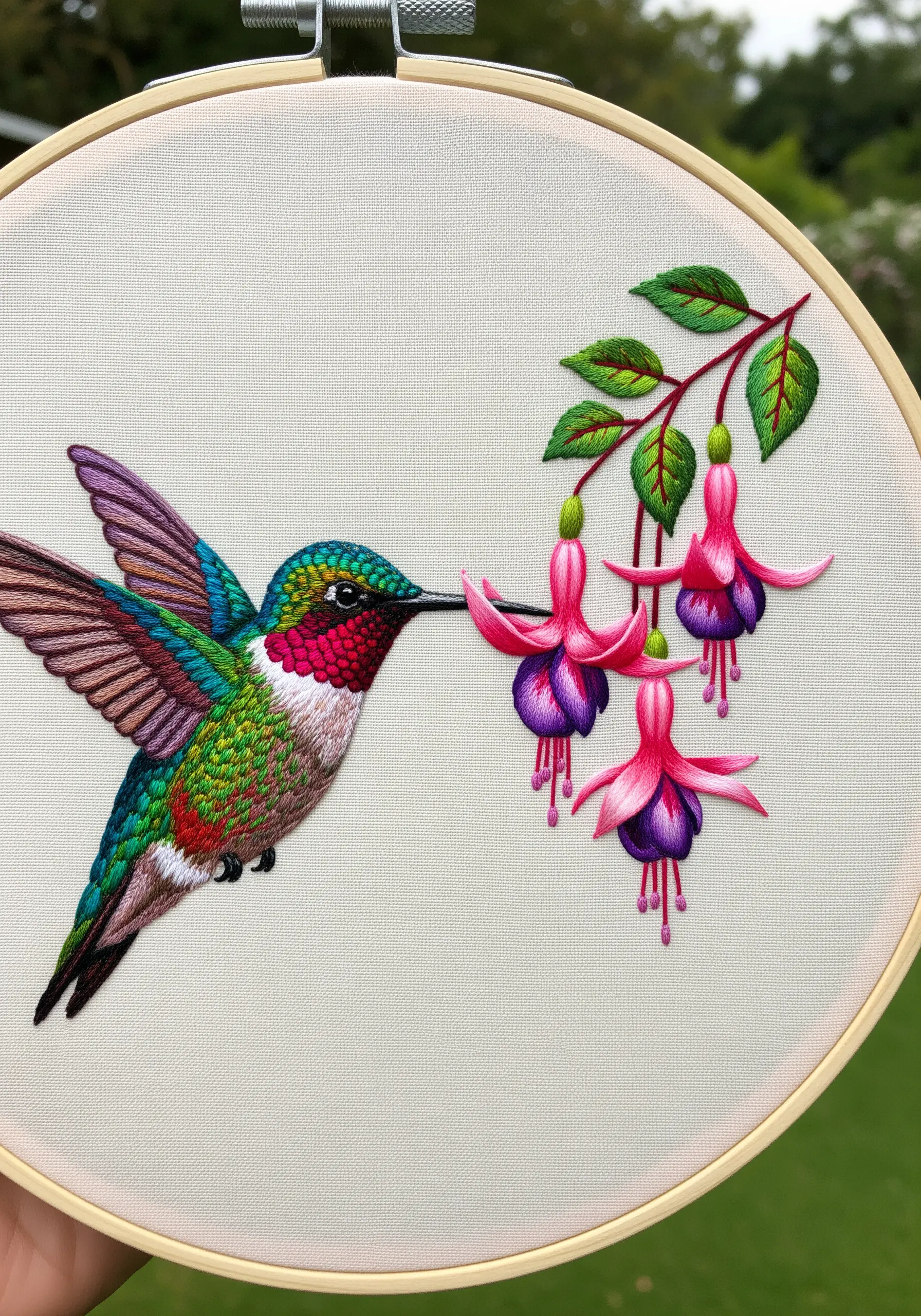 A colorful embroidered hummingbird with iridescent throat feathers feeding from fuchsia flowers.