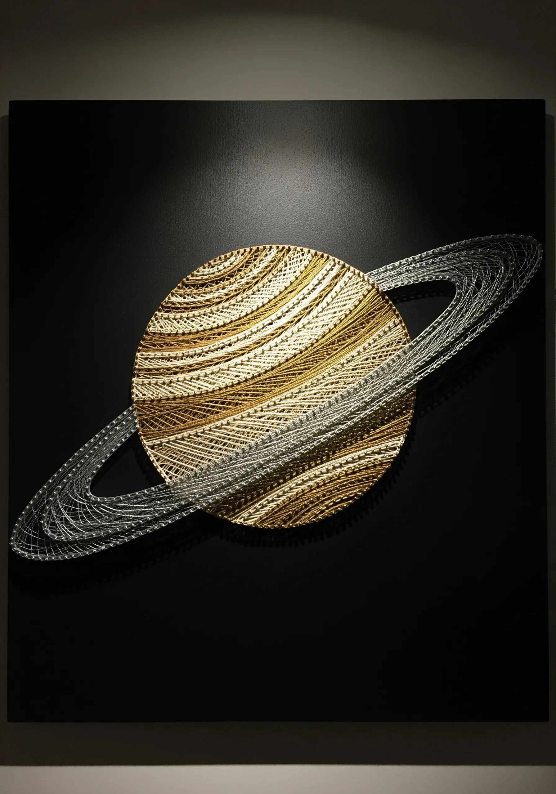 String art of the planet Saturn with textured gold, white, and silver threads on black canvas