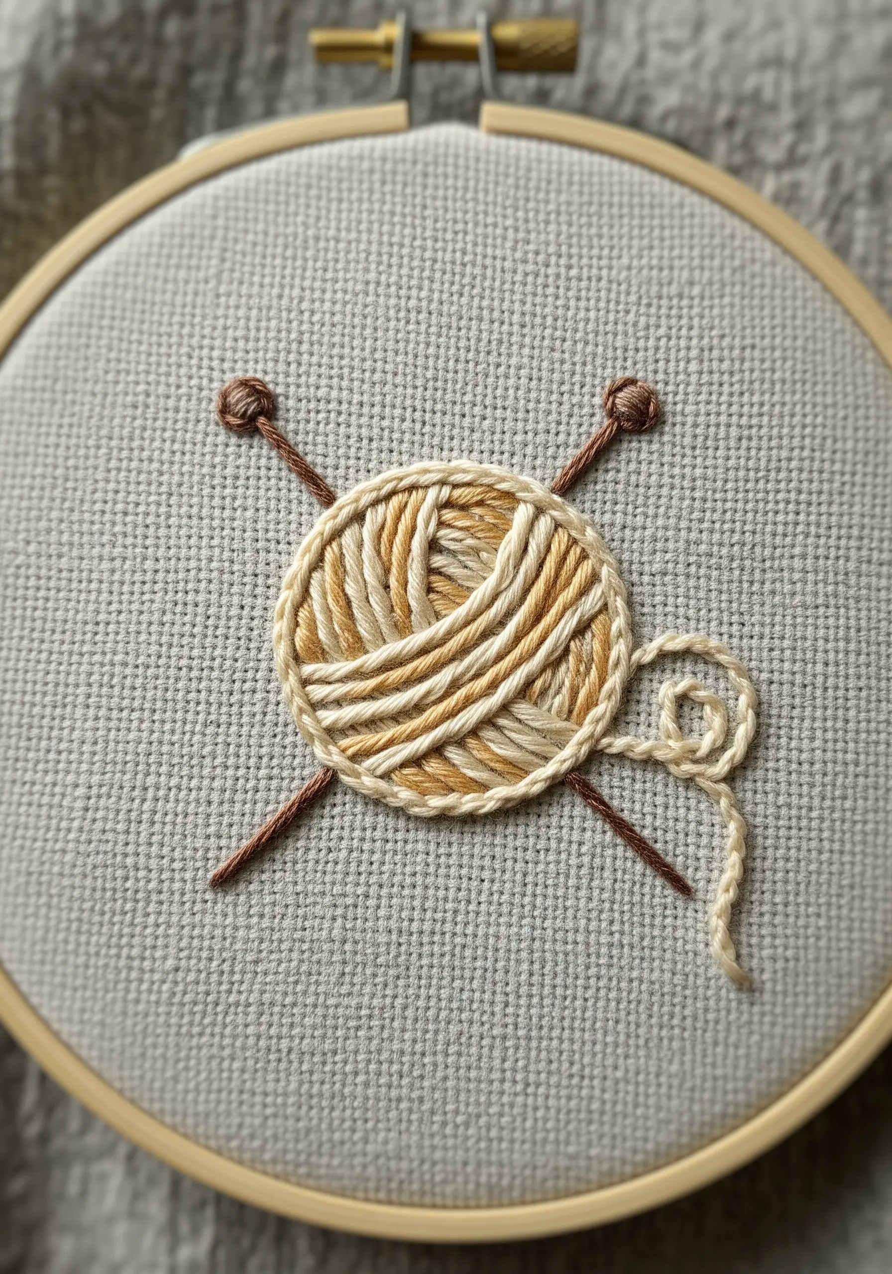 A ball of yarn embroidered with variegated floss and curved stitches to show its shape.