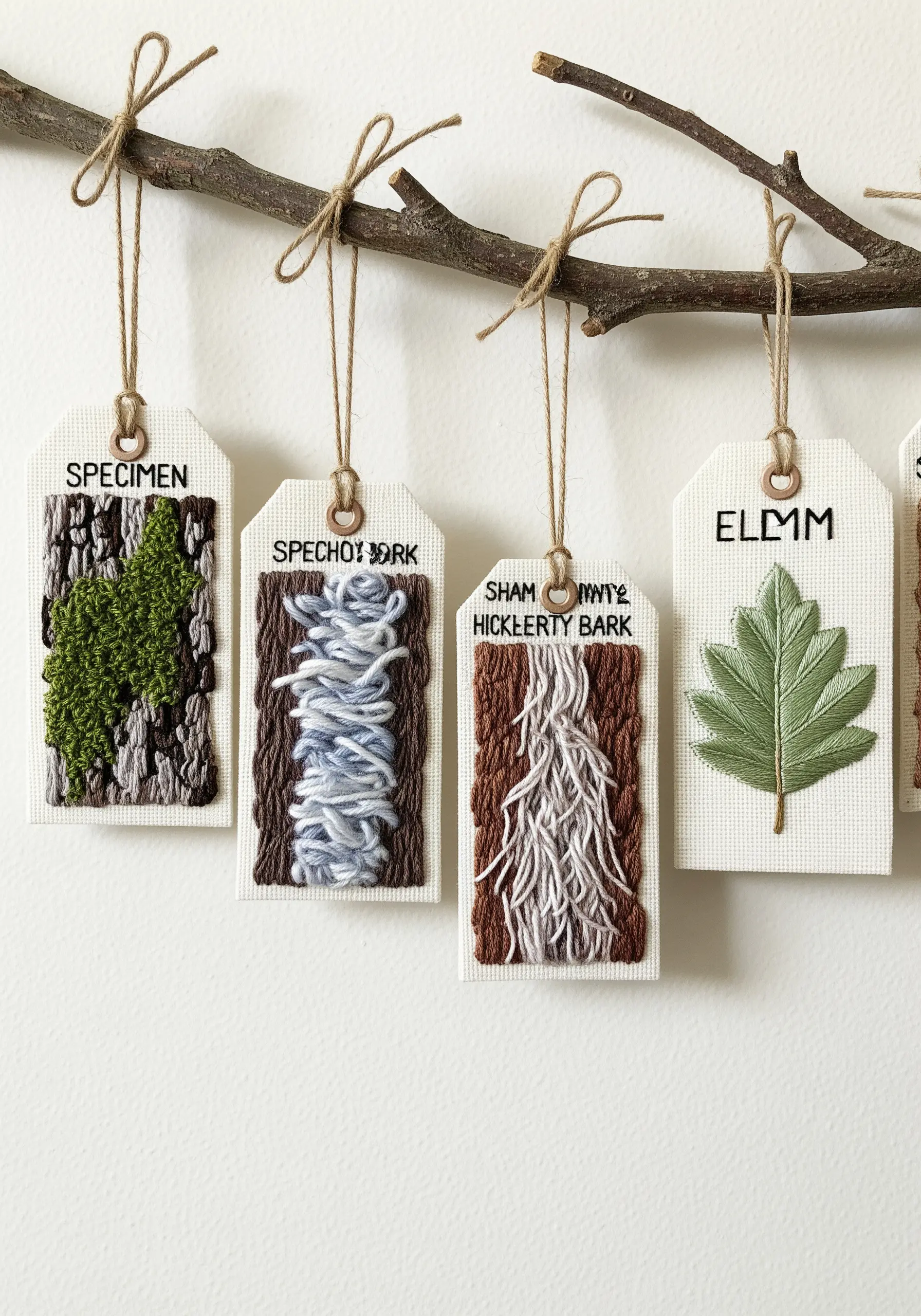 A collection of small tags, each with a different embroidered bark or leaf texture.