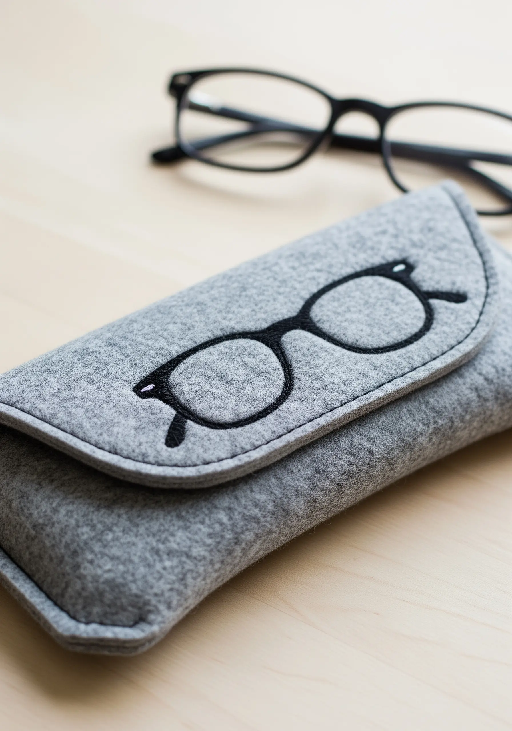 A gray felt eyeglass case with a simple black outline embroidery of a pair of glasses
