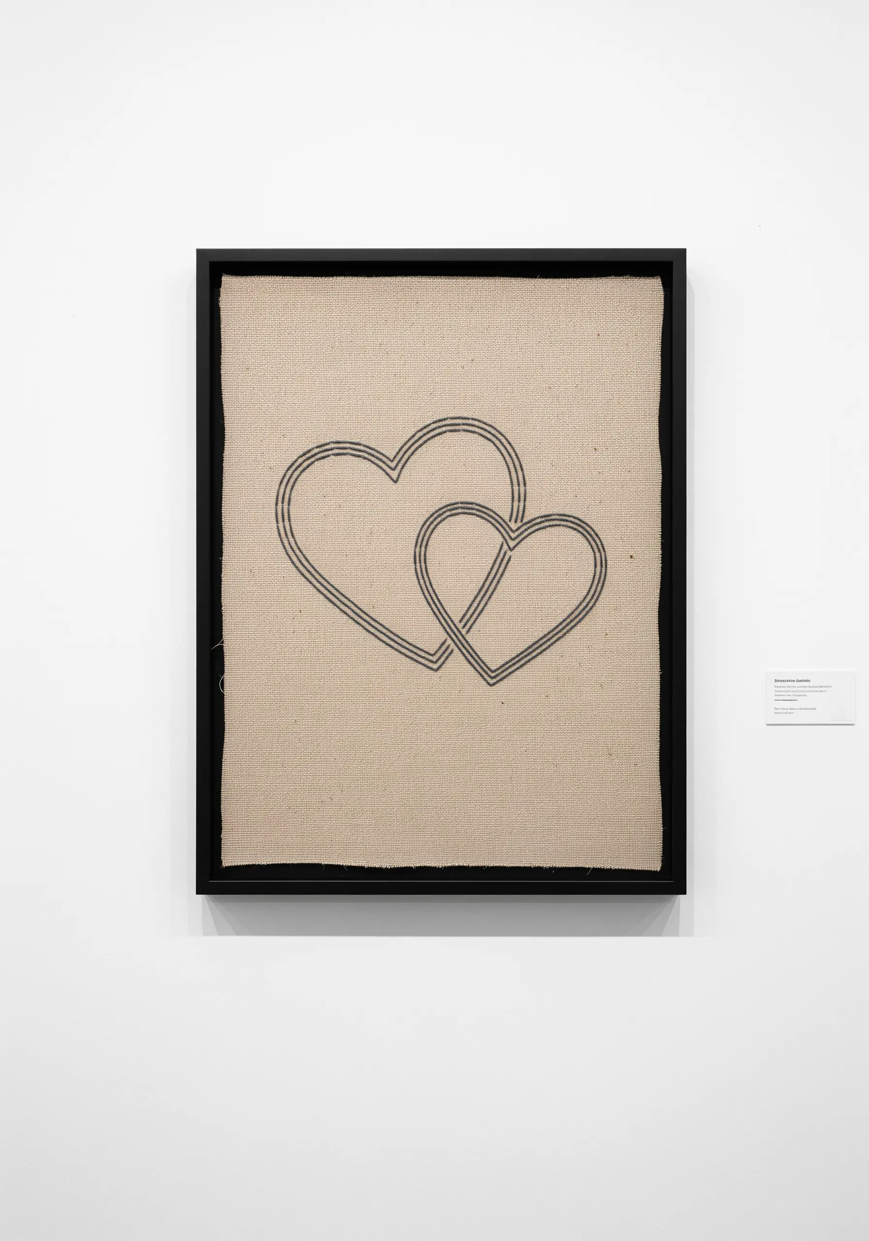 Two interlocking hearts embroidered in simple black outline on coarse, rustic burlap fabric.