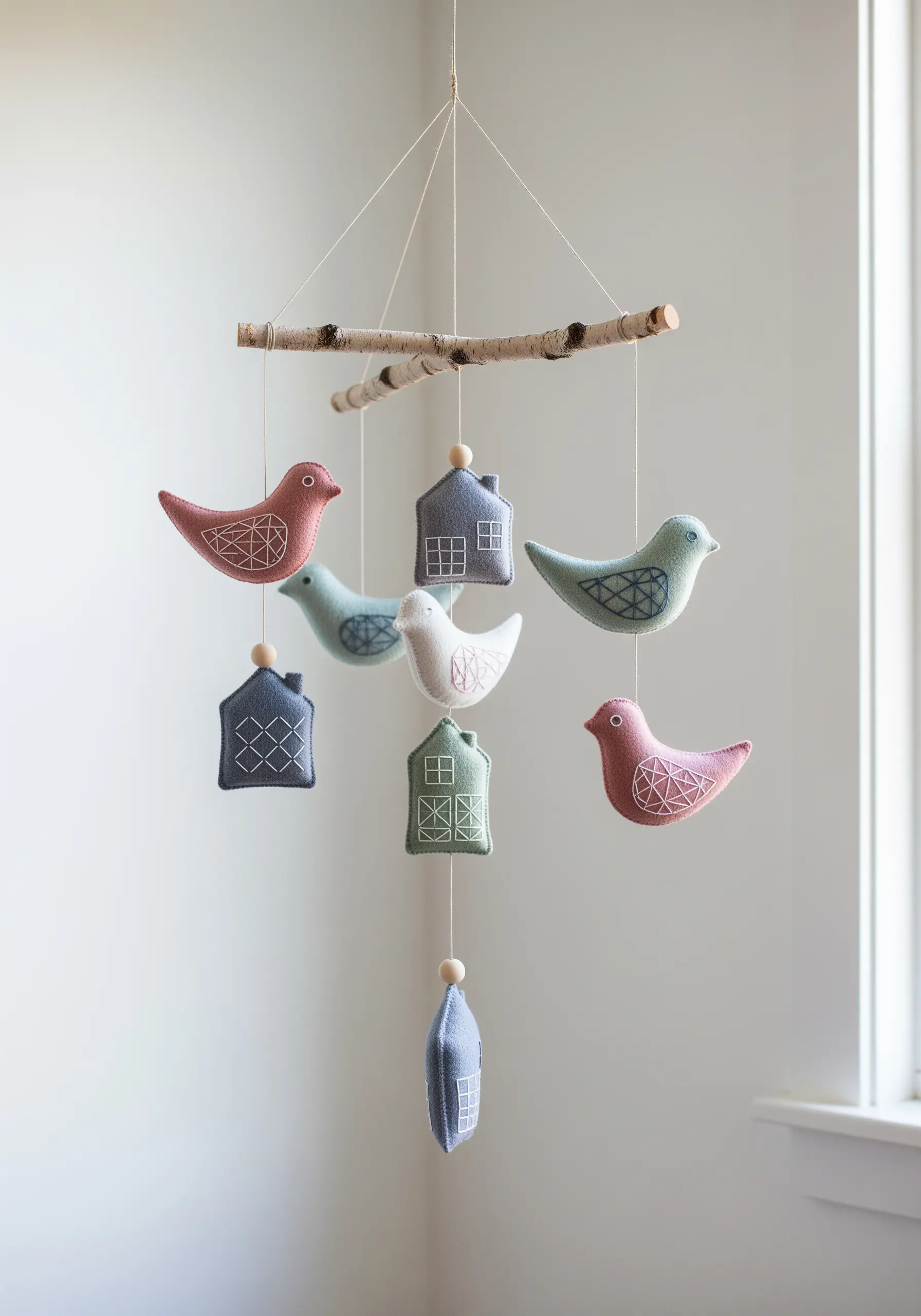 Hand-stitched felt bird and house mobile in muted Scandi-inspired colors.