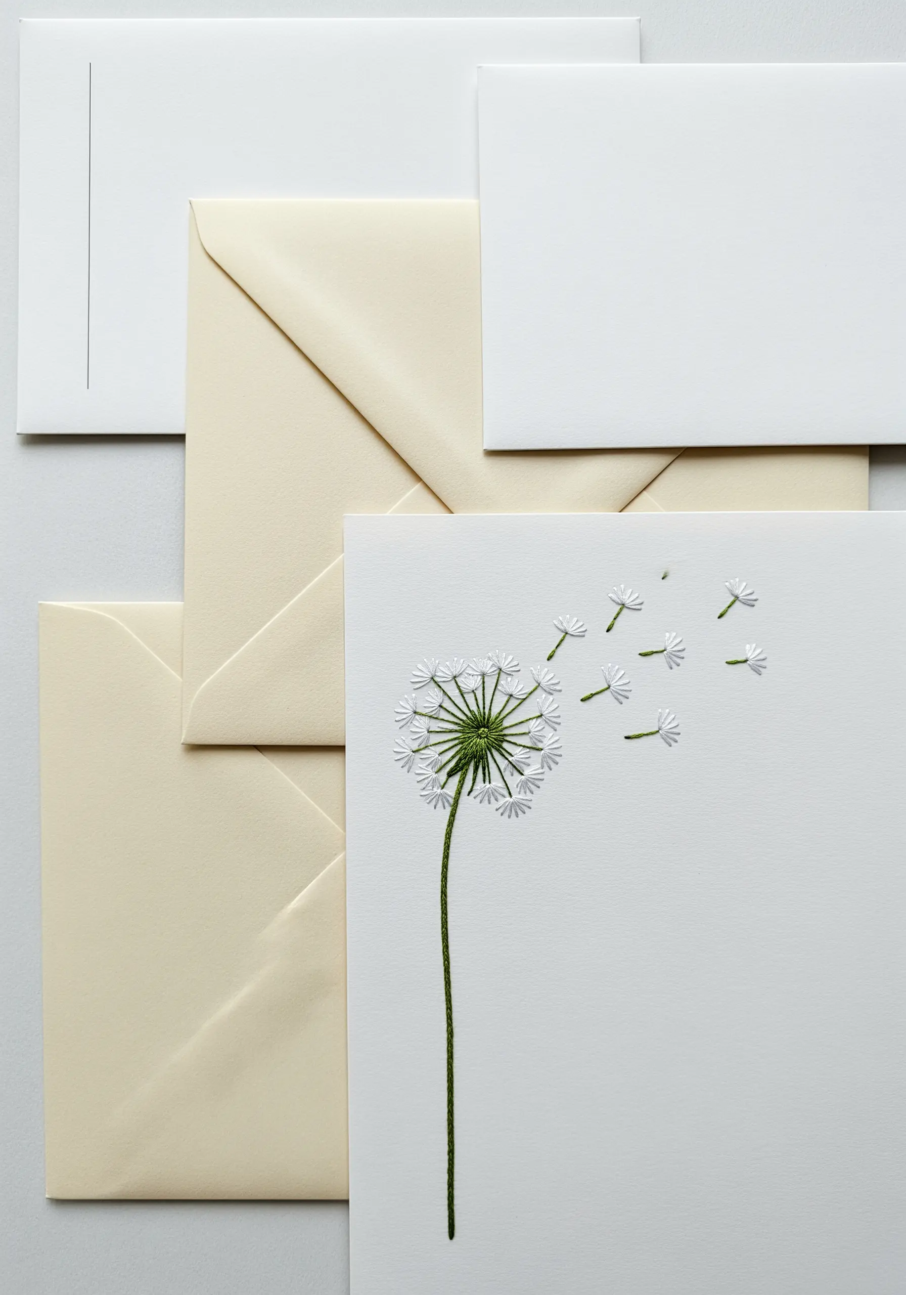 A delicately embroidered dandelion with seeds blowing in the wind on white cardstock