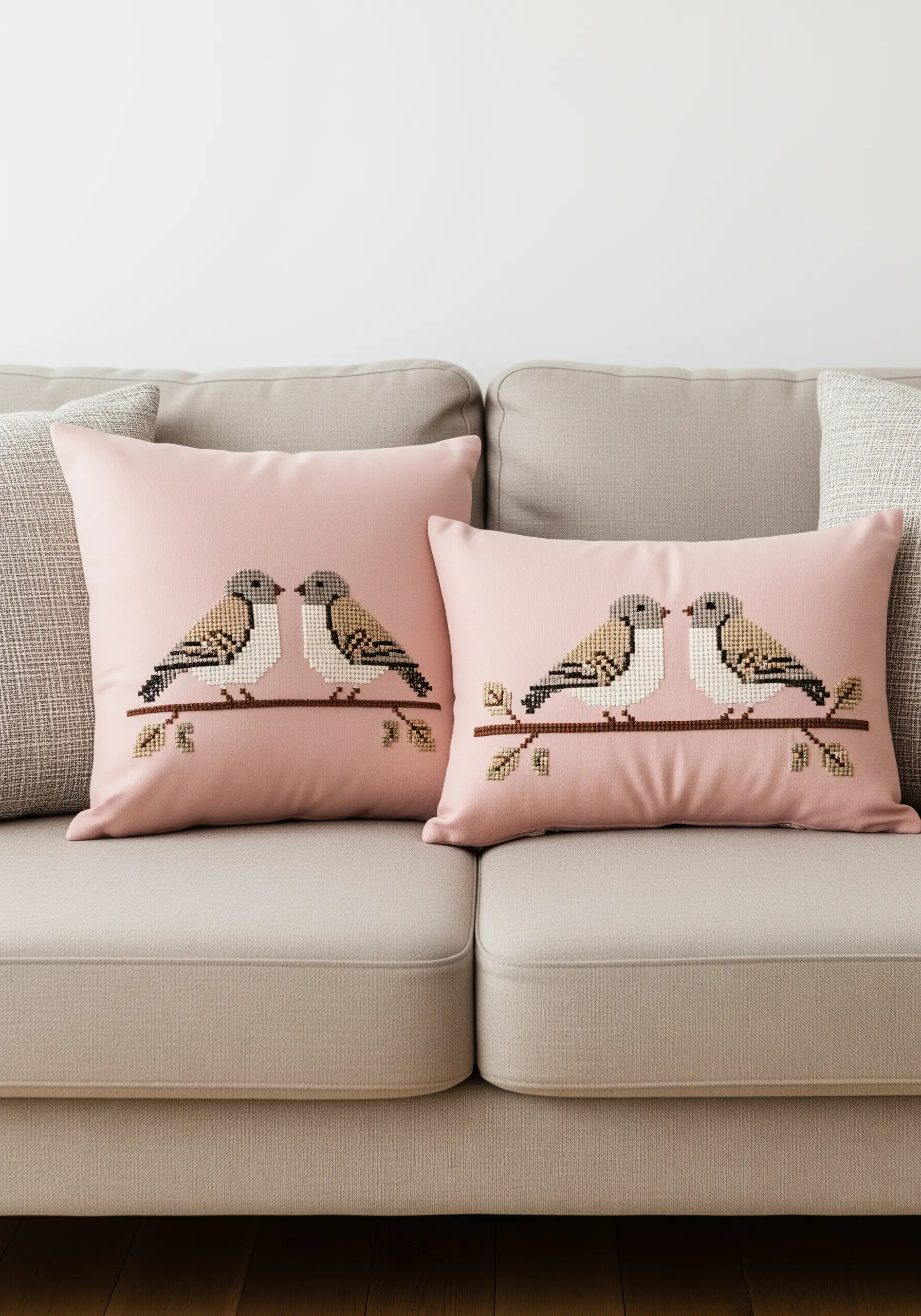 Two charming birds on a branch in a modern cross-stitch style on pink pillows.