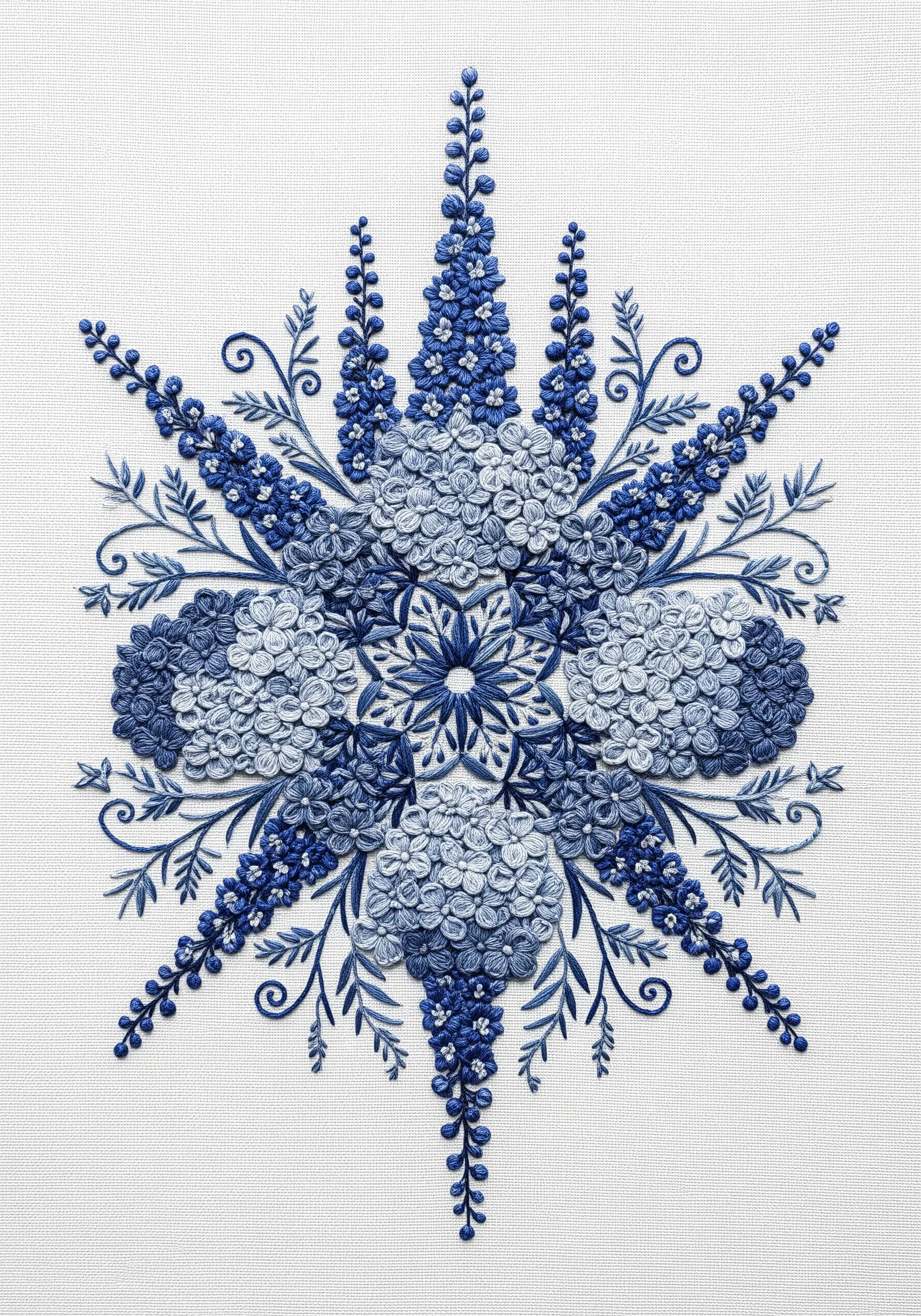 A highly detailed floral mandala embroidered entirely in shades of blue on white fabric.