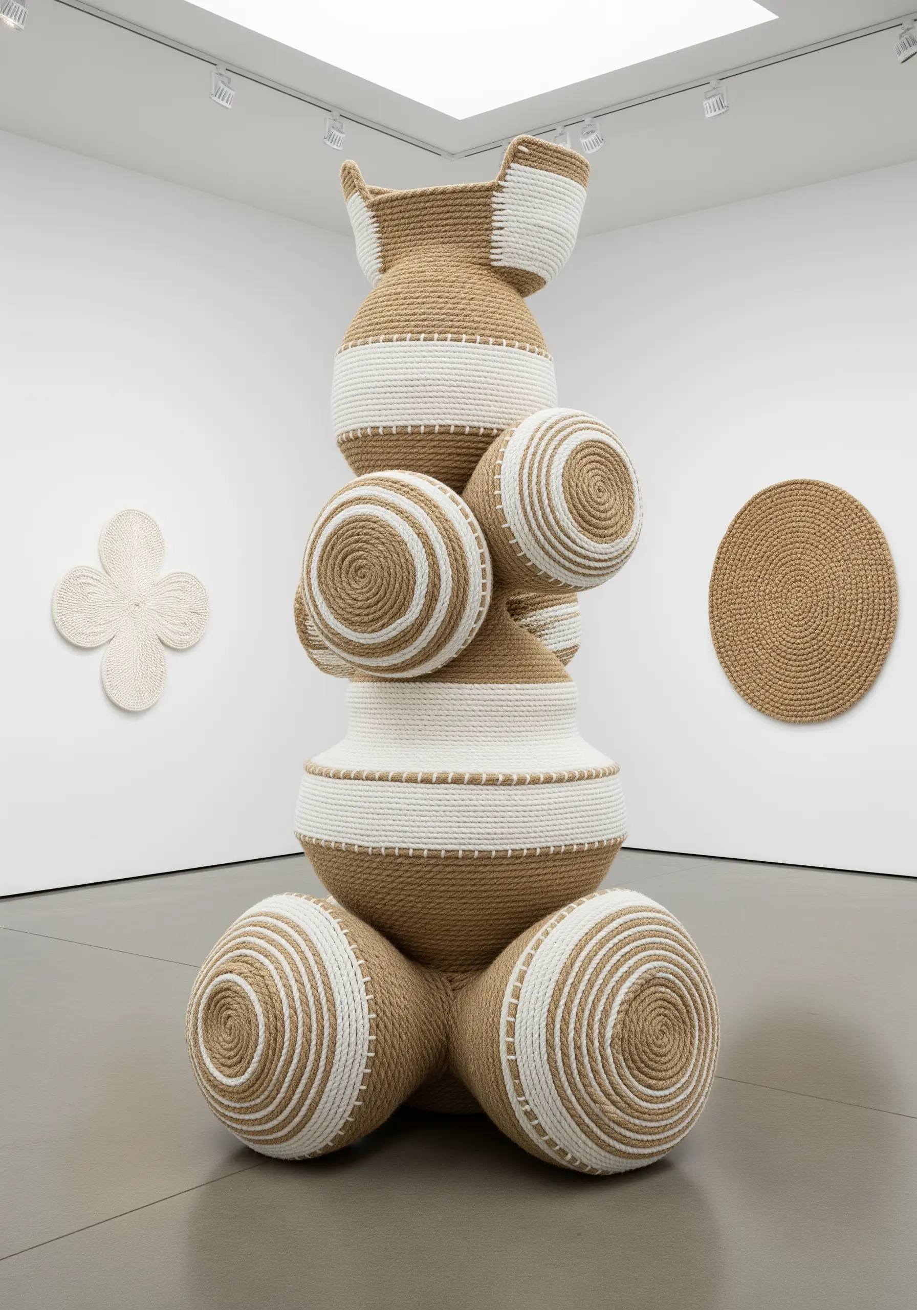 A large, abstract sculpture made of coiled and stitched rope in natural and white tones.
