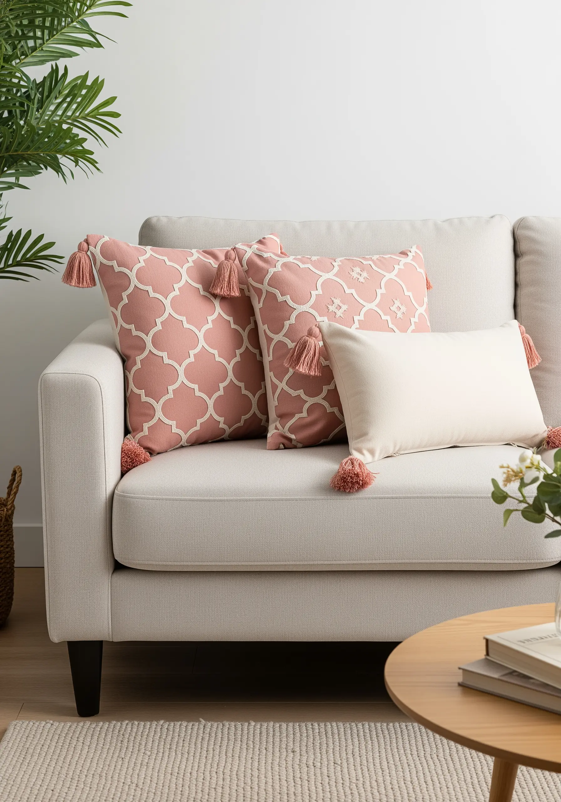 Blush pillows with a white Moroccan trellis pattern and matching blush tassels.