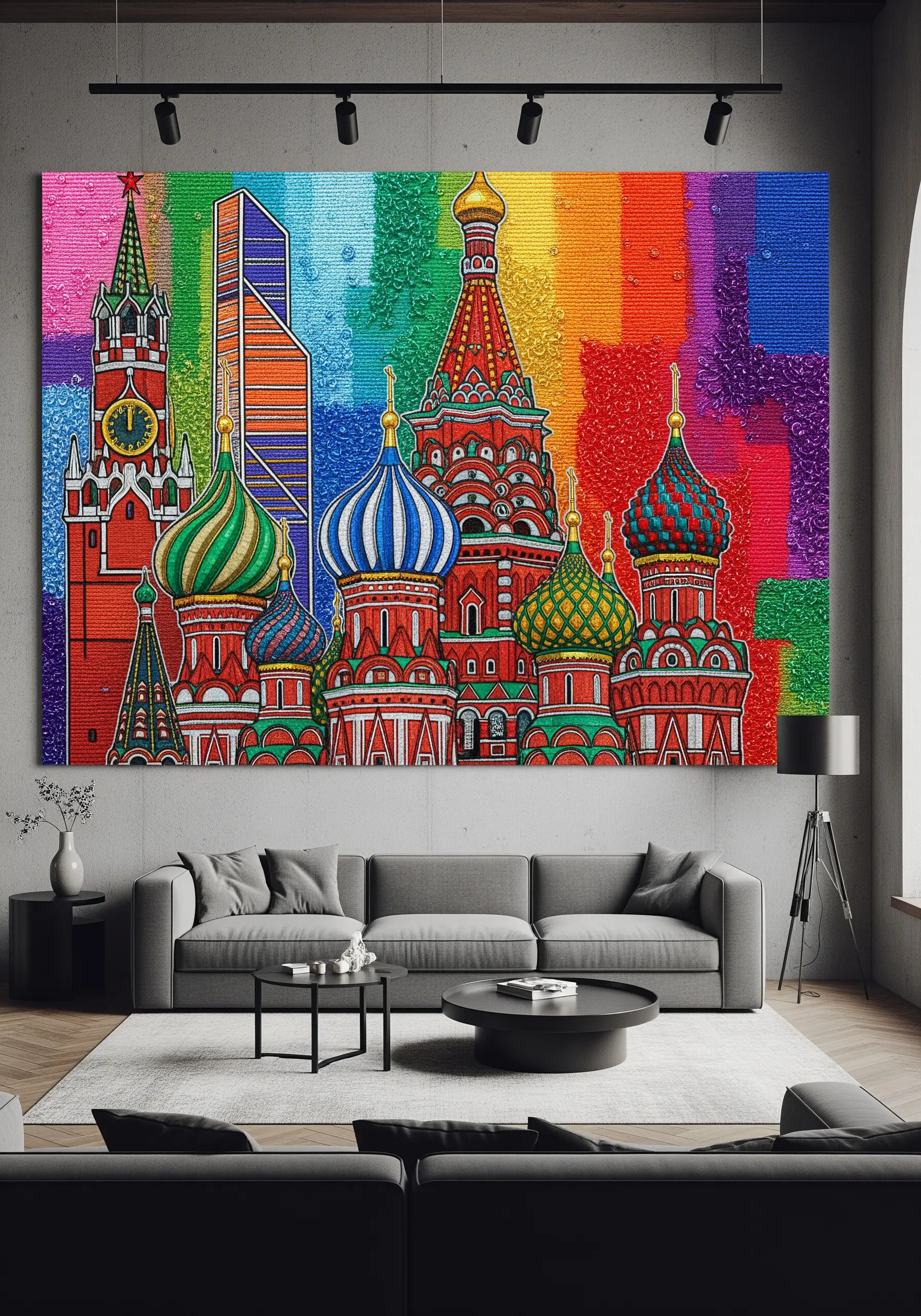 Embroidery of Moscow's St. Basil's Cathedral against a vibrant rainbow gradient background.