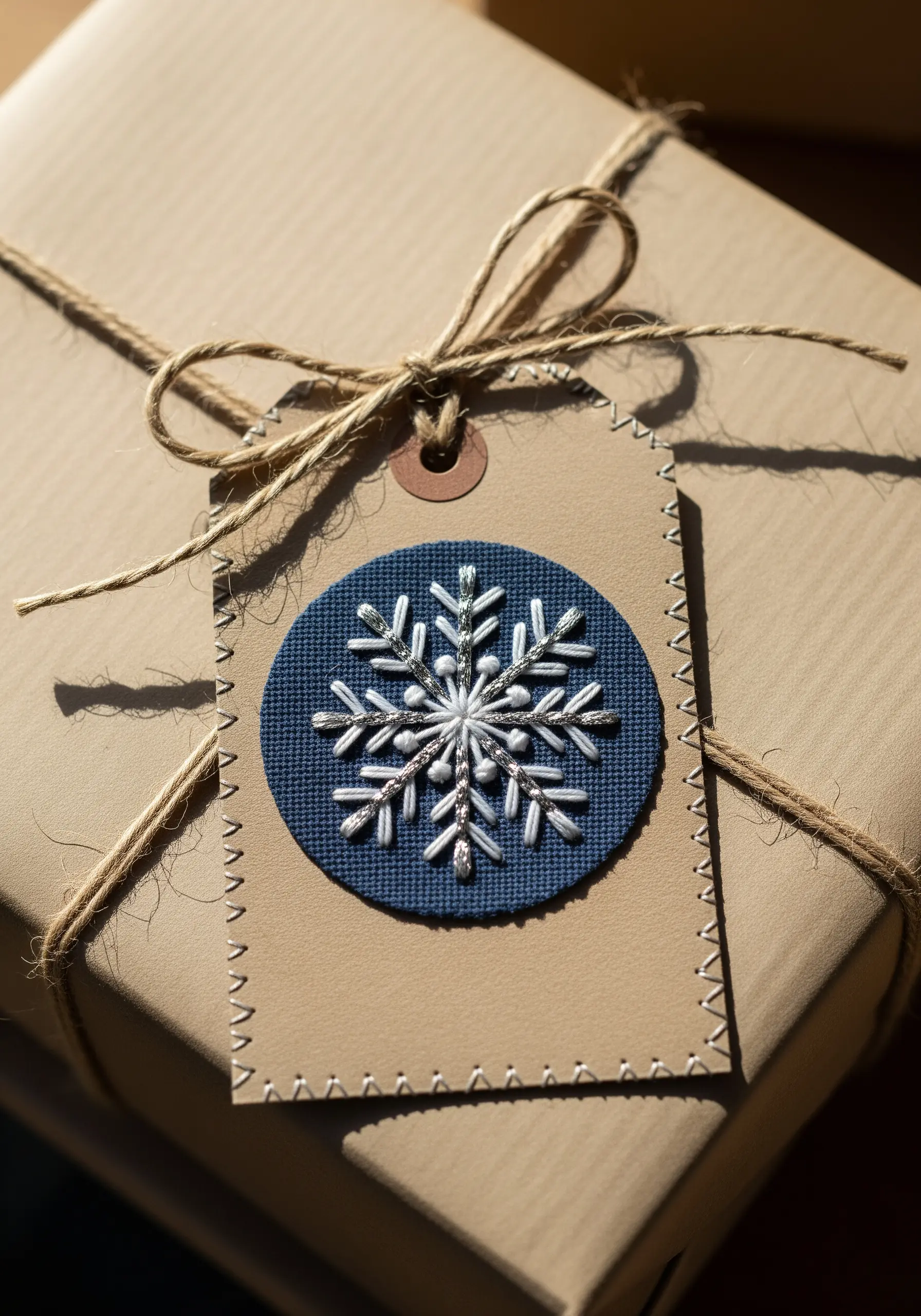 Embroidered white snowflake on a blue fabric circle, mounted on a gift tag.