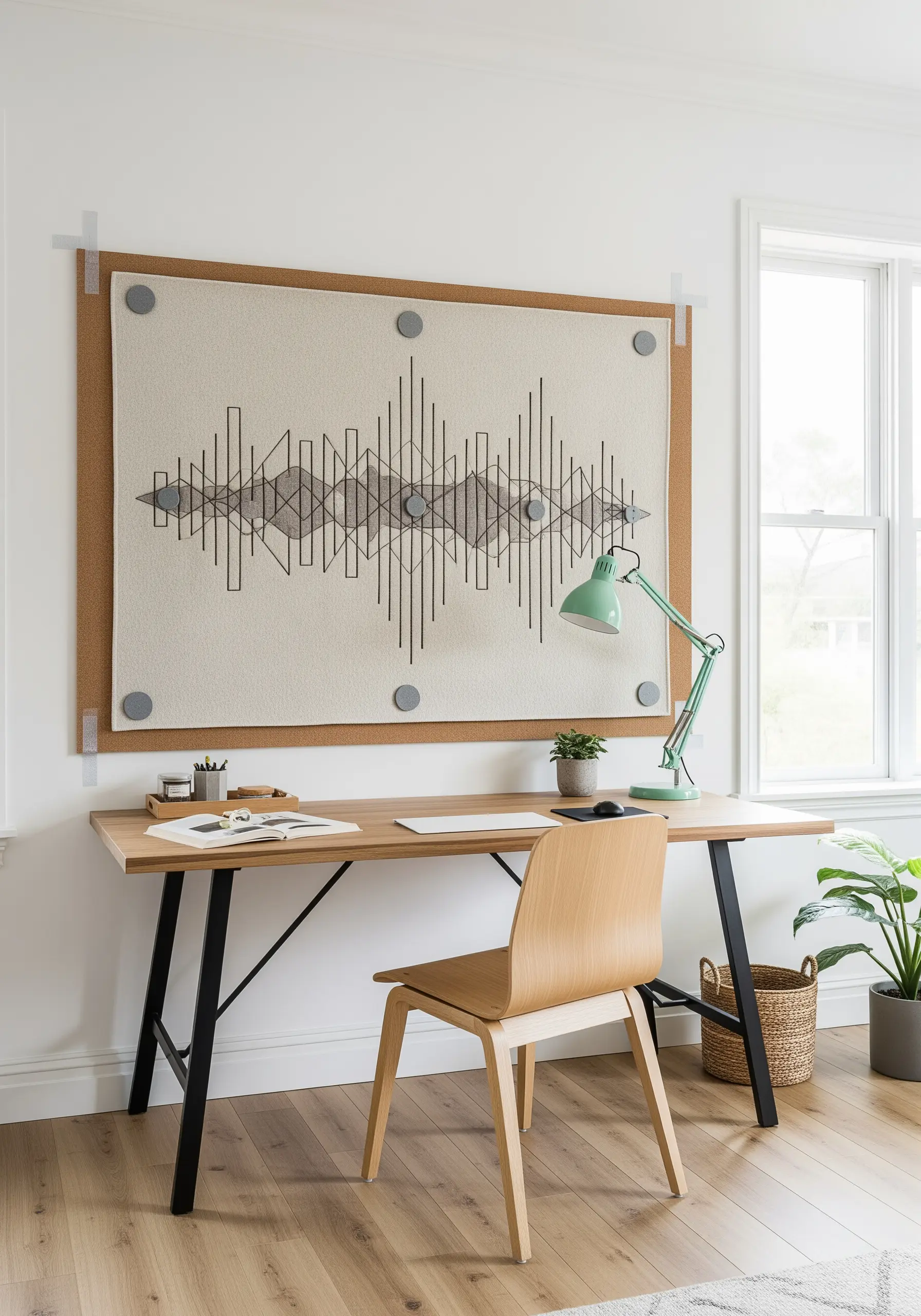 A large geometric embroidery mounted on a cork board and hung over a desk with adhesive pads.