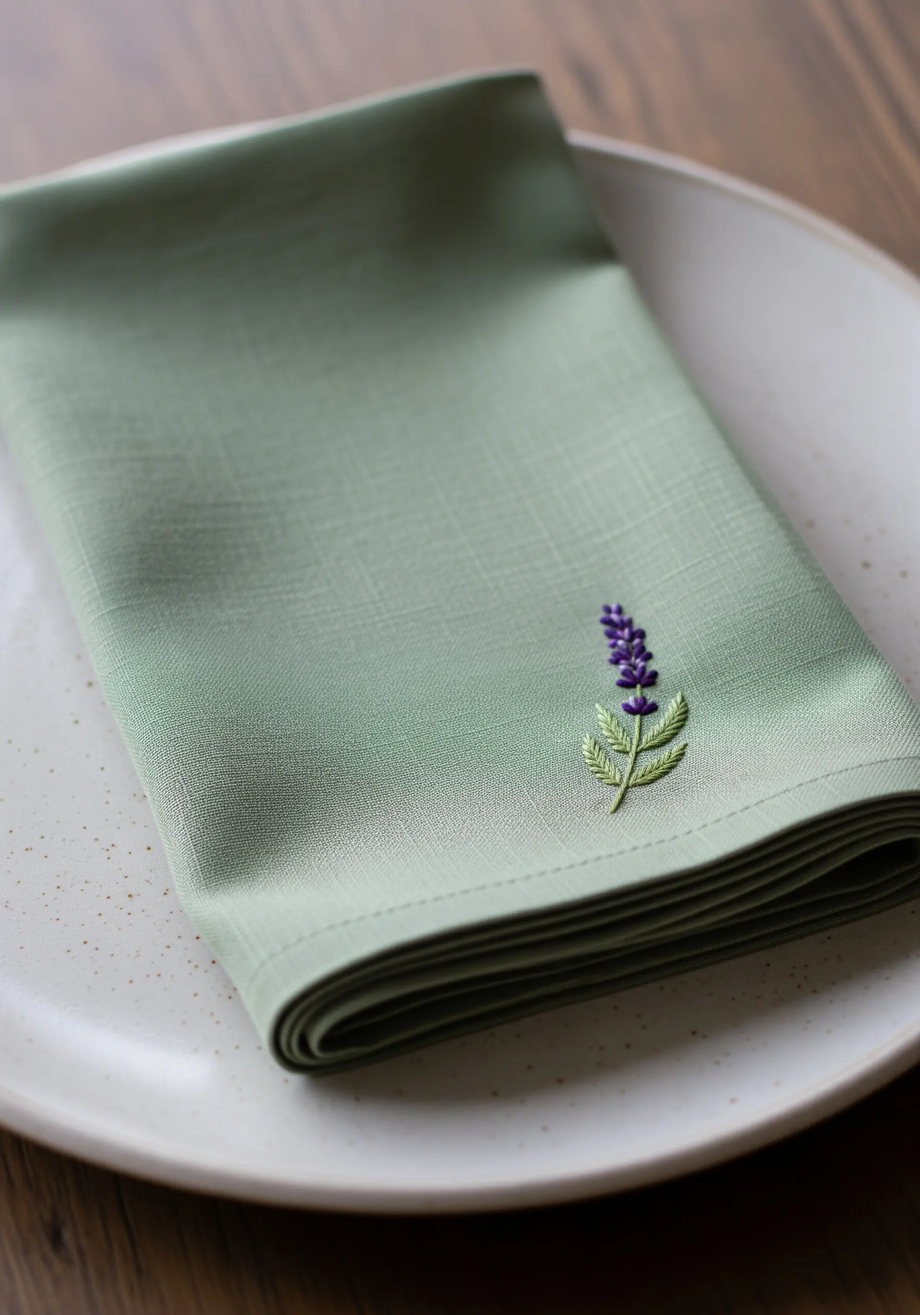 A tiny embroidered lavender sprig on the corner of a folded sage green napkin.