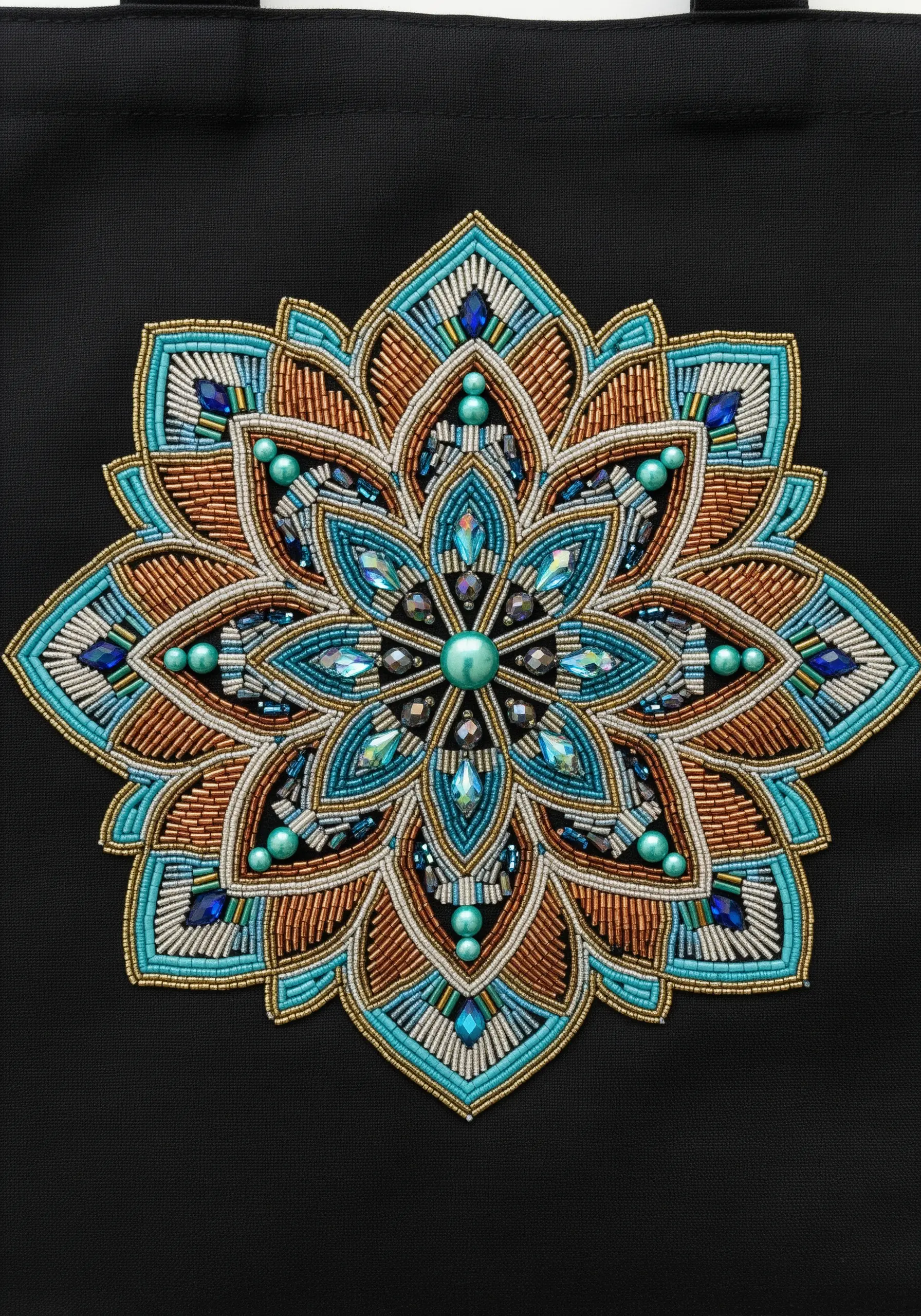 An intricate, sparkling mandala made of copper, teal, and silver beads and crystals on black fabric.