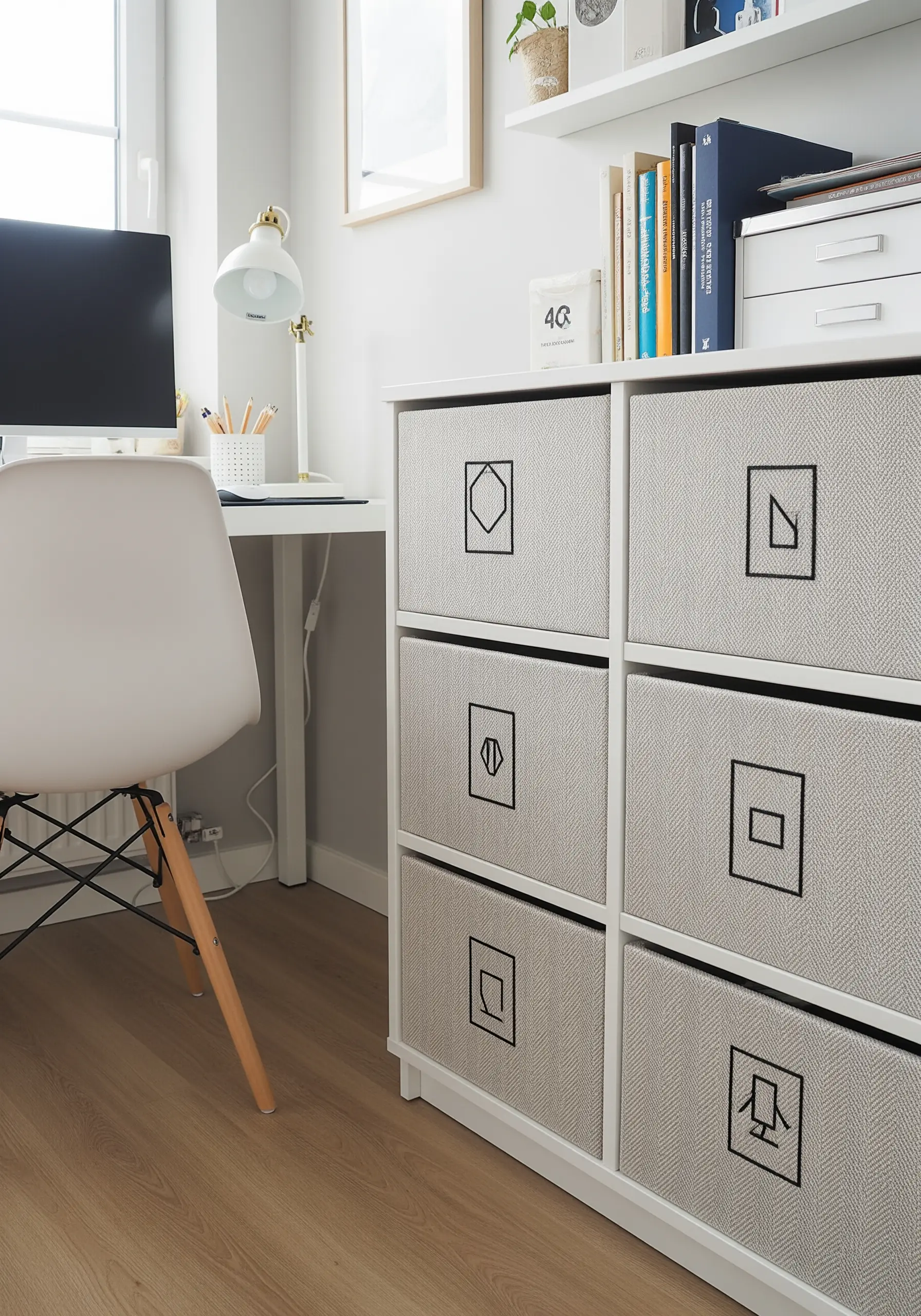 Gray fabric storage drawers with minimalist geometric icons embroidered in black thread.